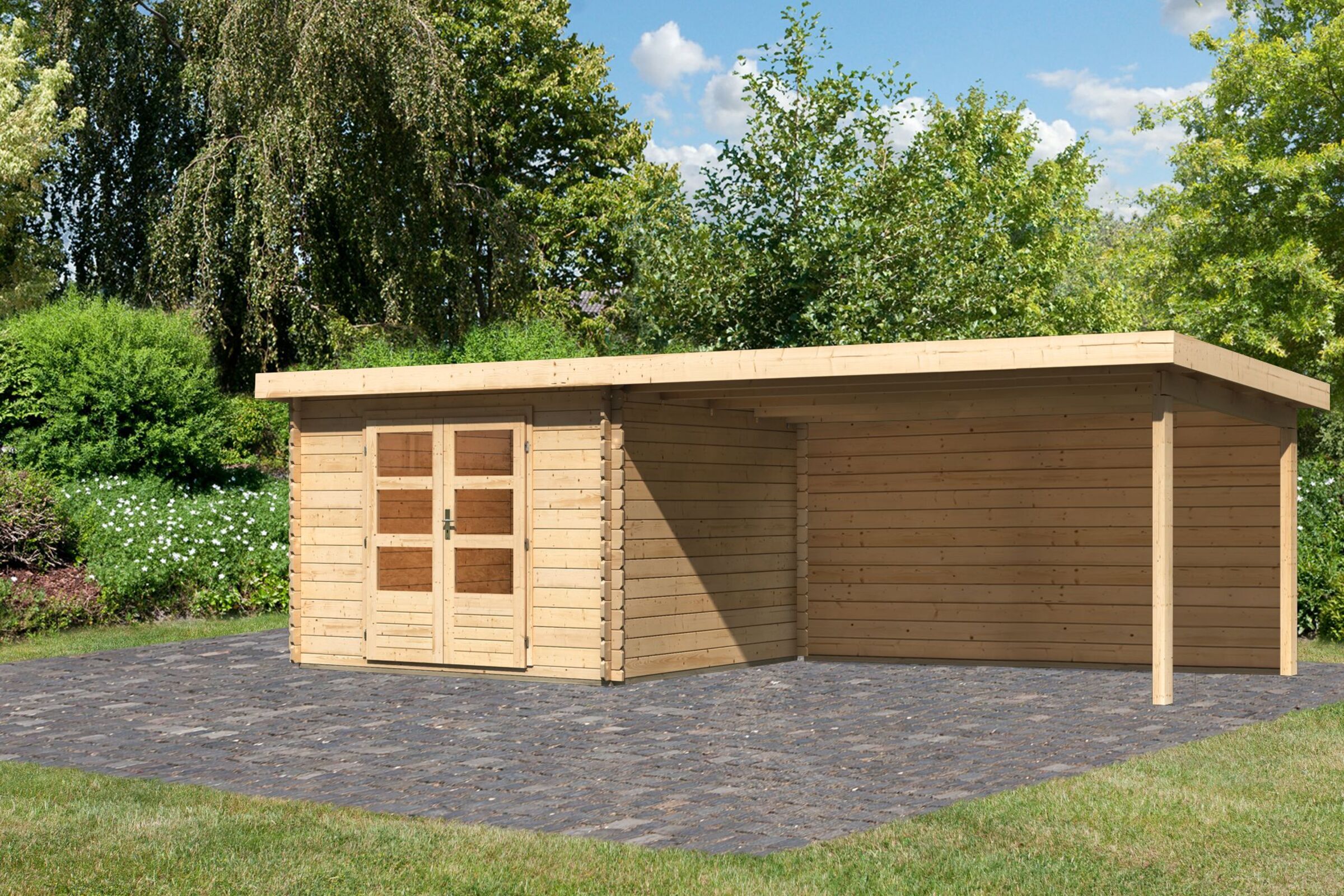 KARIBU Gartenhaus Bastrup 5, naturbelassen, Fichtenholz 28mm, 714,5 x 297 x 222 cm, Pultdach, Anbau 4m mit Rückwand