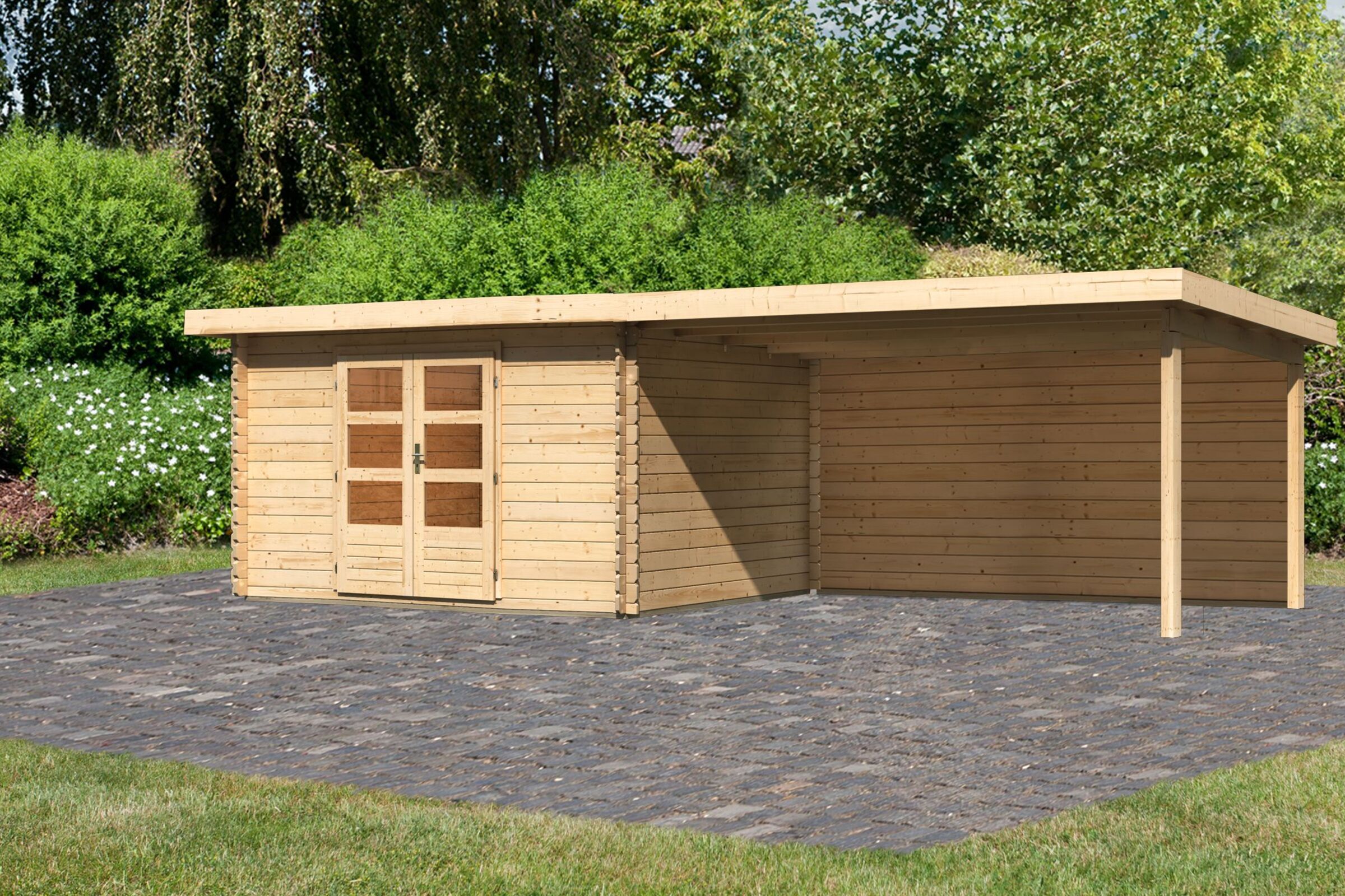 KARIBU Gartenhaus Bastrup 7, naturbelassen, Fichtenholz 28mm, 774,5 x 297 x 222 cm, Pultdach, Anbau 4m mit Rückwand