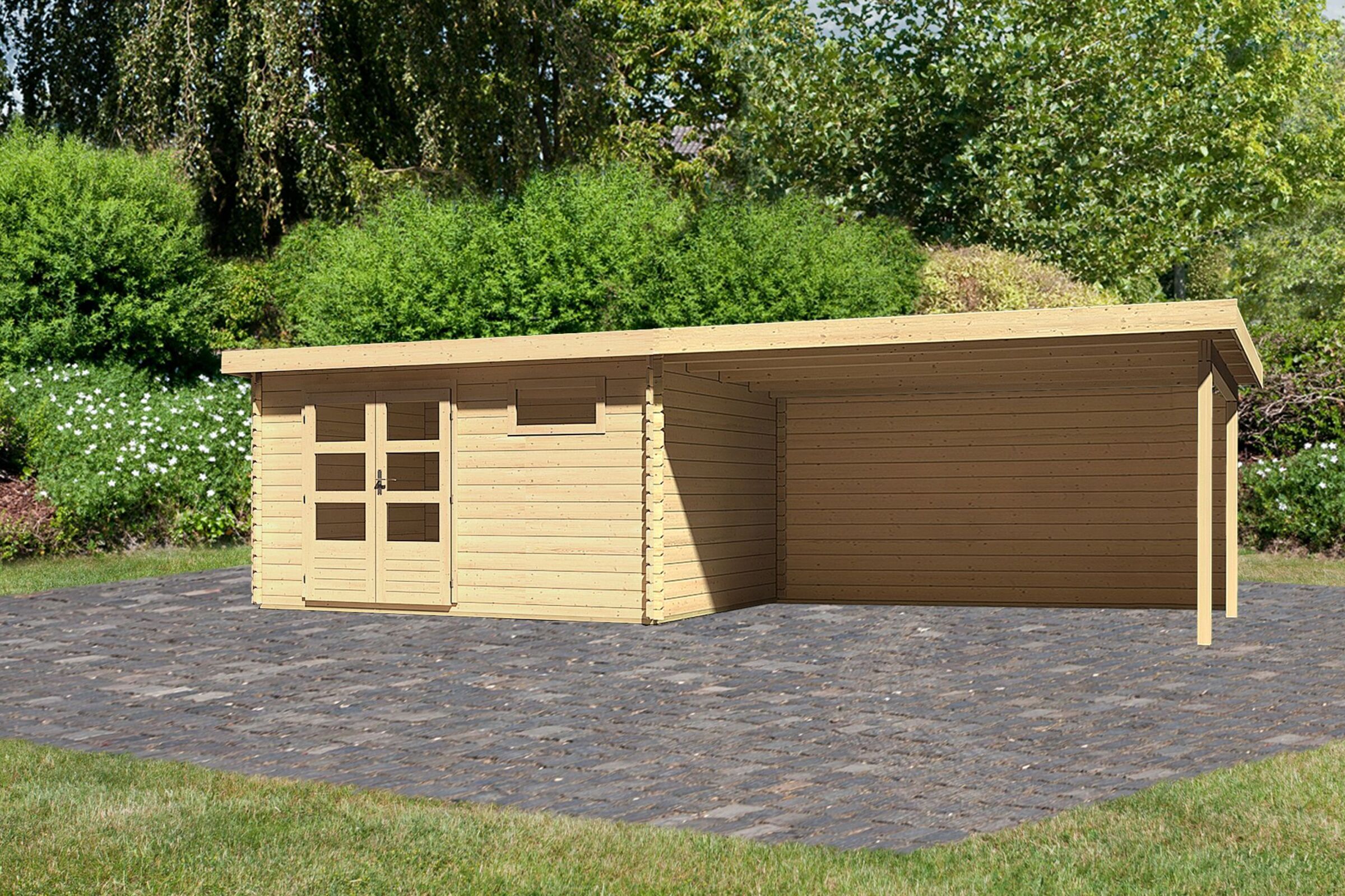 KARIBU Gartenhaus Bastrup 8, naturbelassen, Fichtenholz 28mm, 804,5 x 297 x 222 cm, Pultdach, Anbau 4m mit Rückwand