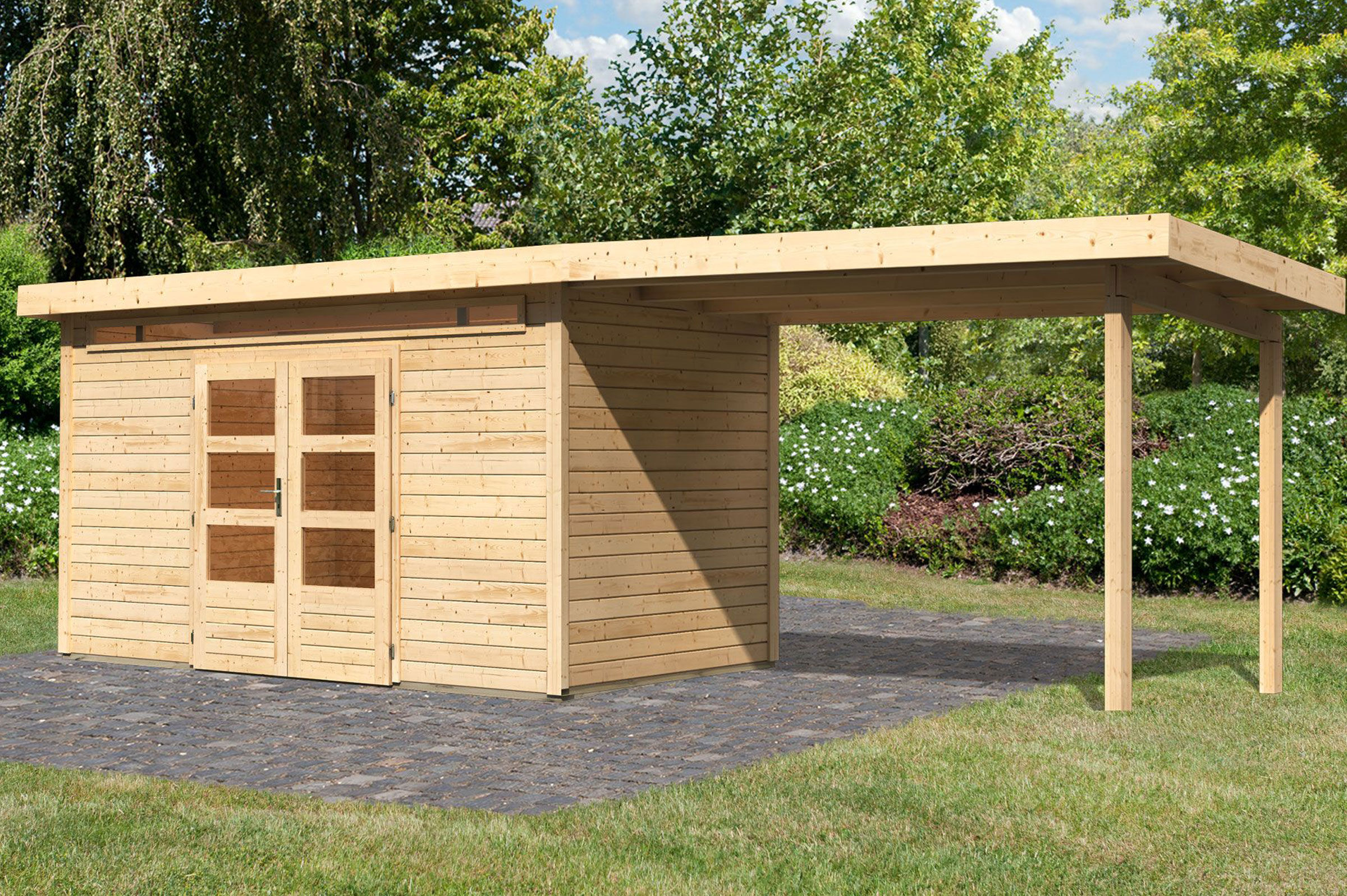 KARIBU Gartenhaus Kandern 9, naturbelassen, Fichtenholz 28mm, 632 x 304 x 222 cm, Pultdach, Anbau 3,2m