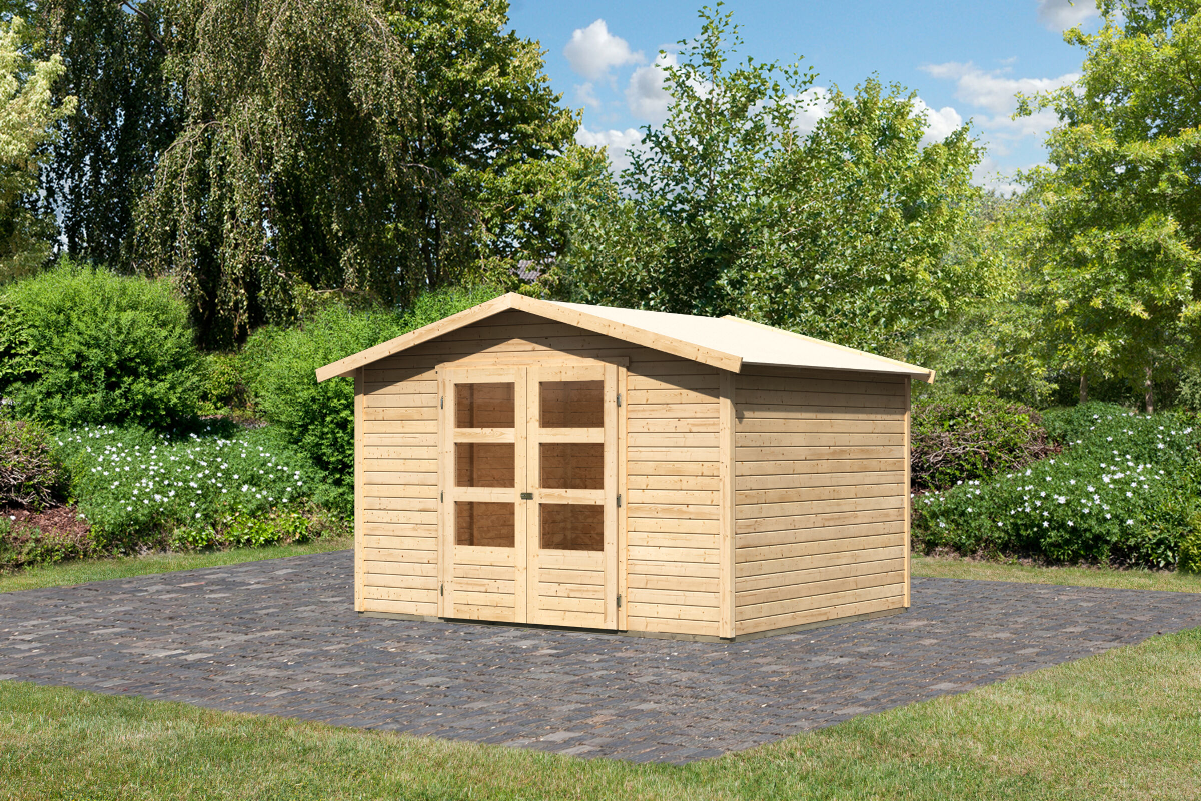 KARIBU Gartenhaus Amberg 5, naturbelassen, Fichtenholz 19mm, 337 x 246 x 217 cm, Satteldach, Doppelflügeltür