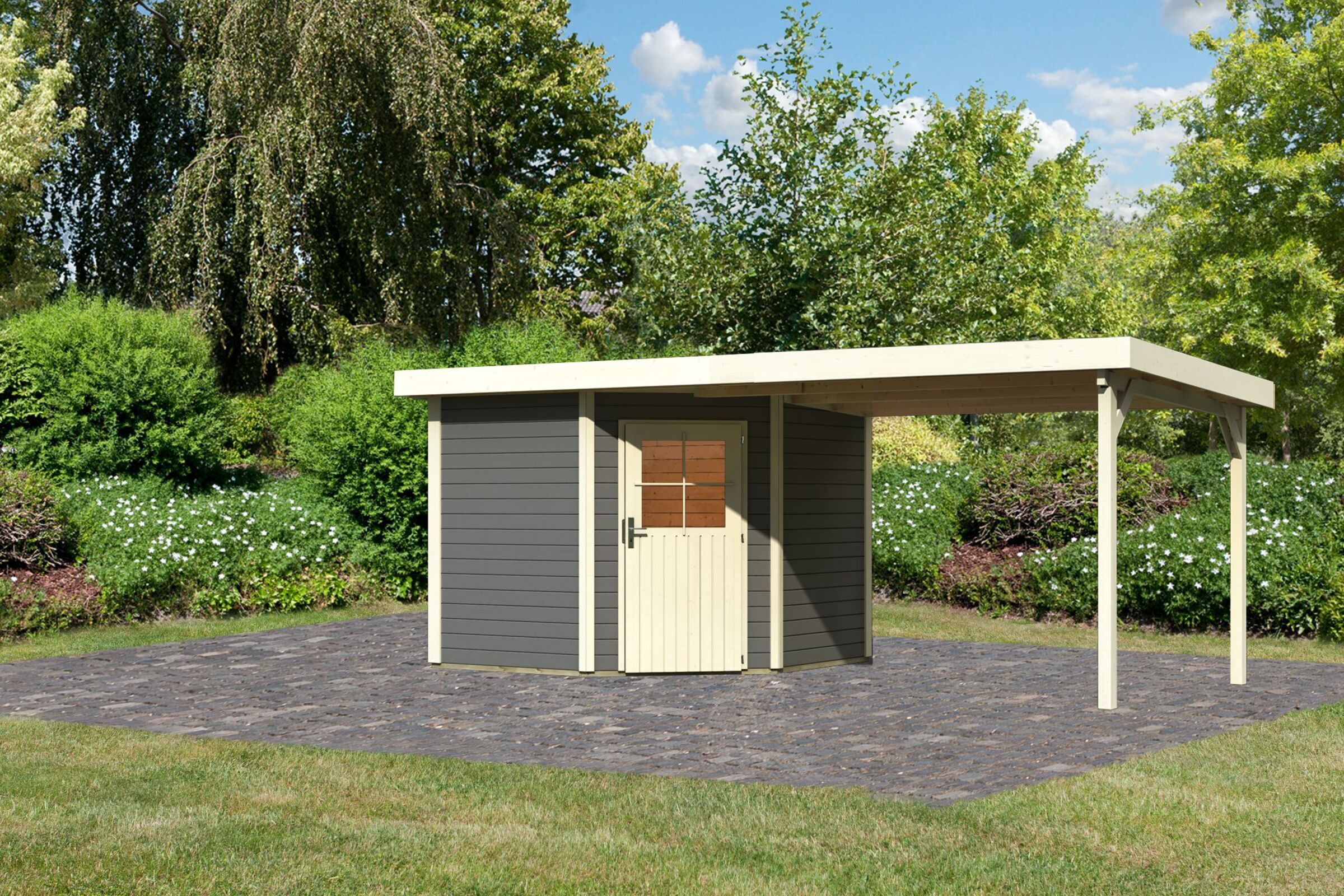 KARIBU Gartenhaus Neuruppin 2, terragrau, Fichtenholz 28mm, 585 x 244 x 222 cm, Flachdach, Anbau 3,2m