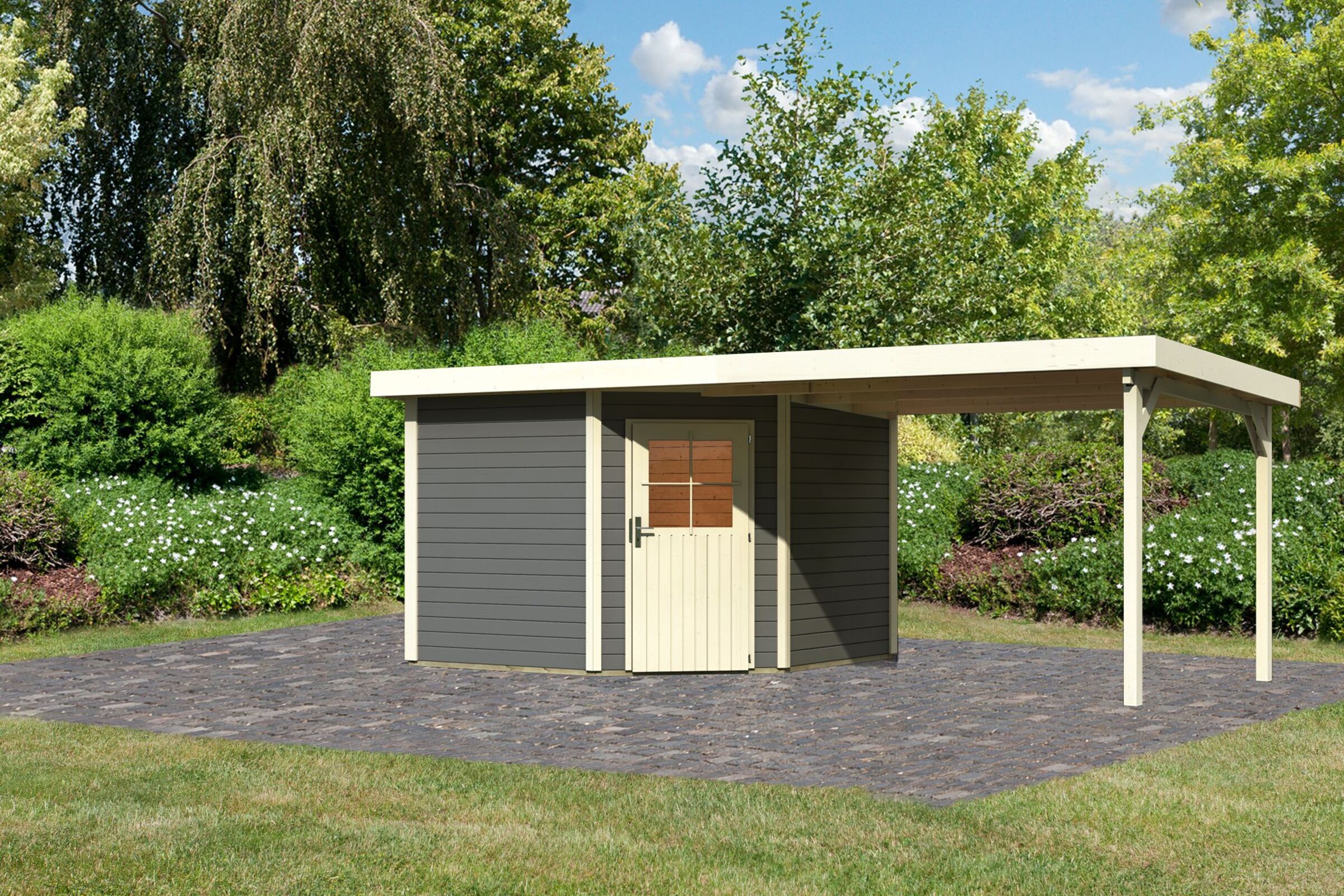 KARIBU Gartenhaus Neuruppin 3, terragrau, Fichtenholz 28mm, 612 x 274 x 222 cm, Flachdach, Anbau 3,2m