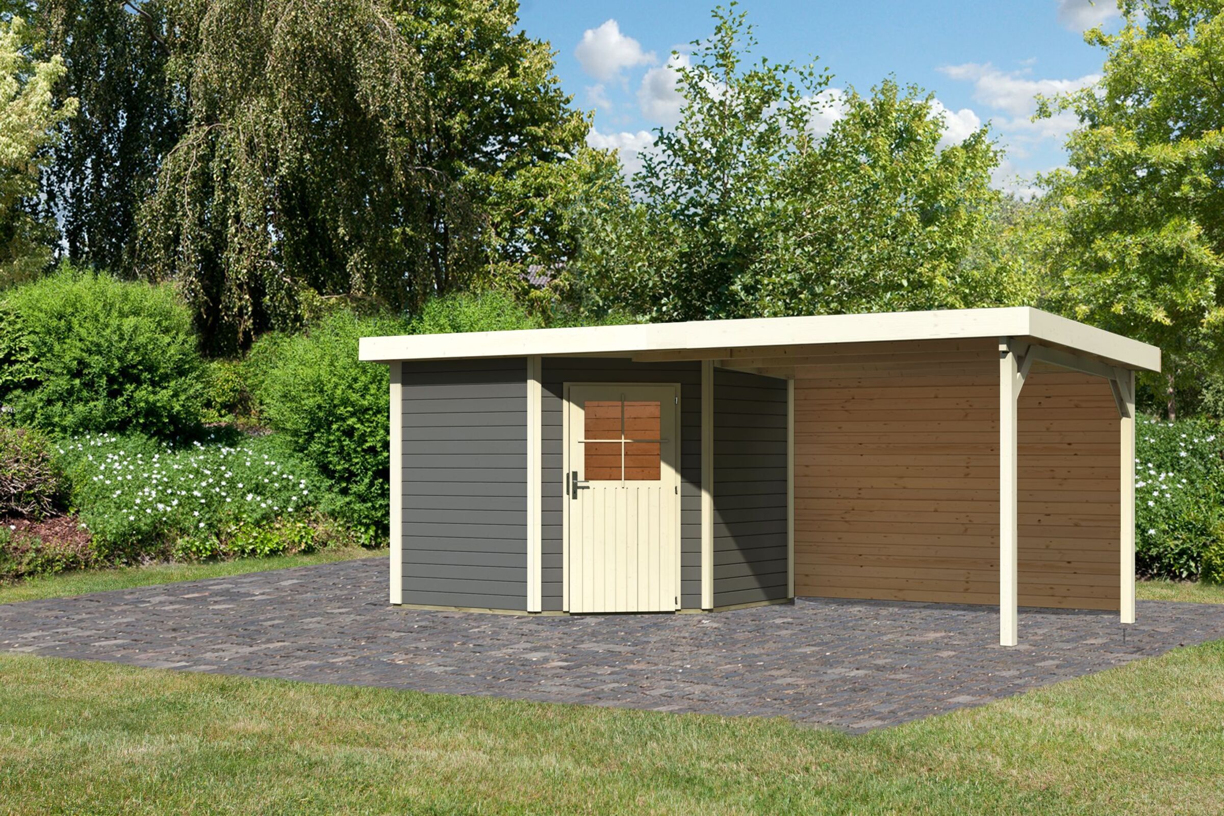 KARIBU Gartenhaus Neuruppin2 , terragrau, Fichtenholz 28mm, 585 x 244 x 222 cm, Flachdach, Anbau 3,2m mit Rückwand