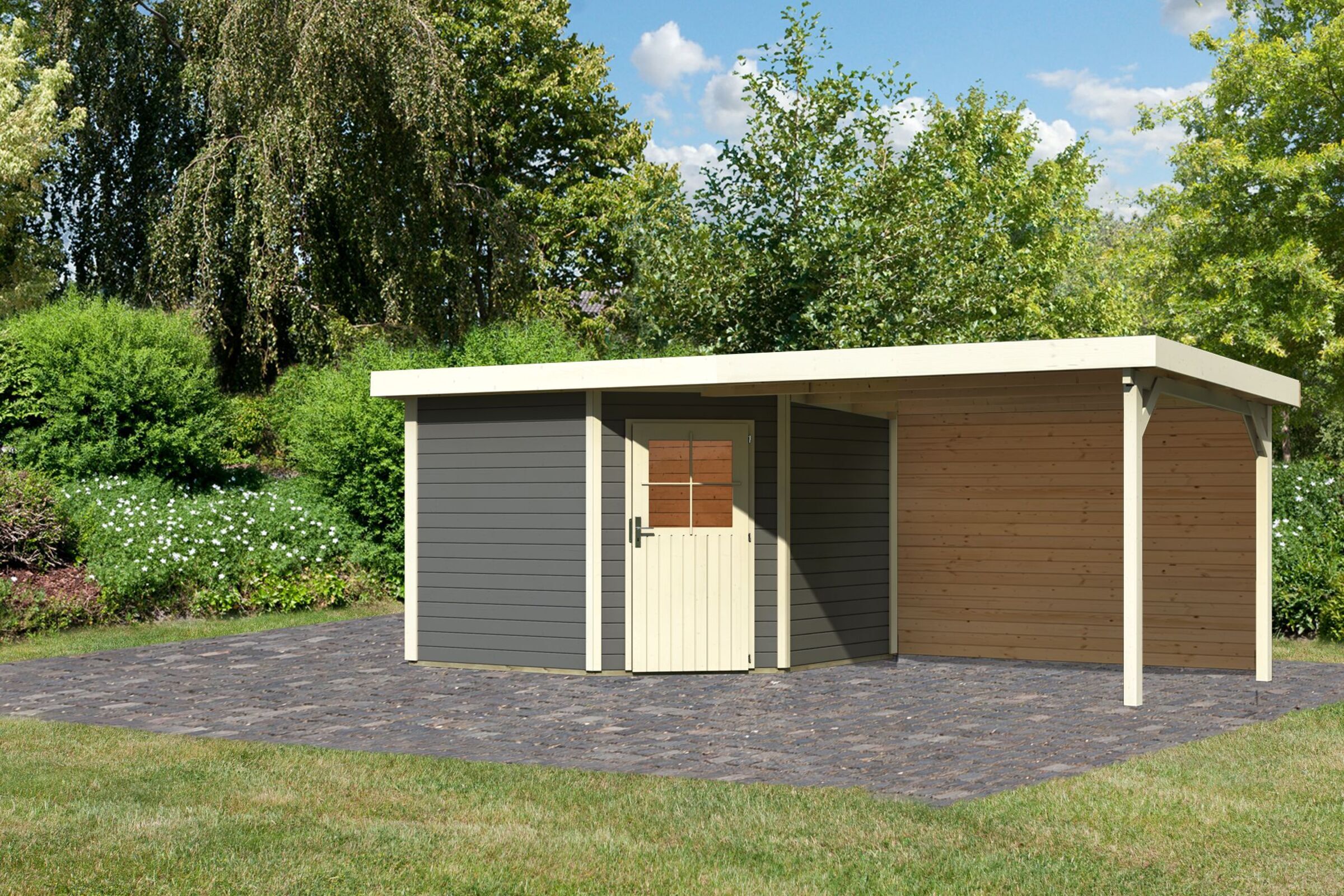 KARIBU Gartenhaus Neuruppin3 , terragrau, Fichtenholz 28mm, 612 x 274 x 222 cm, Flachdach, Anbau 3,2m mit Rückwand