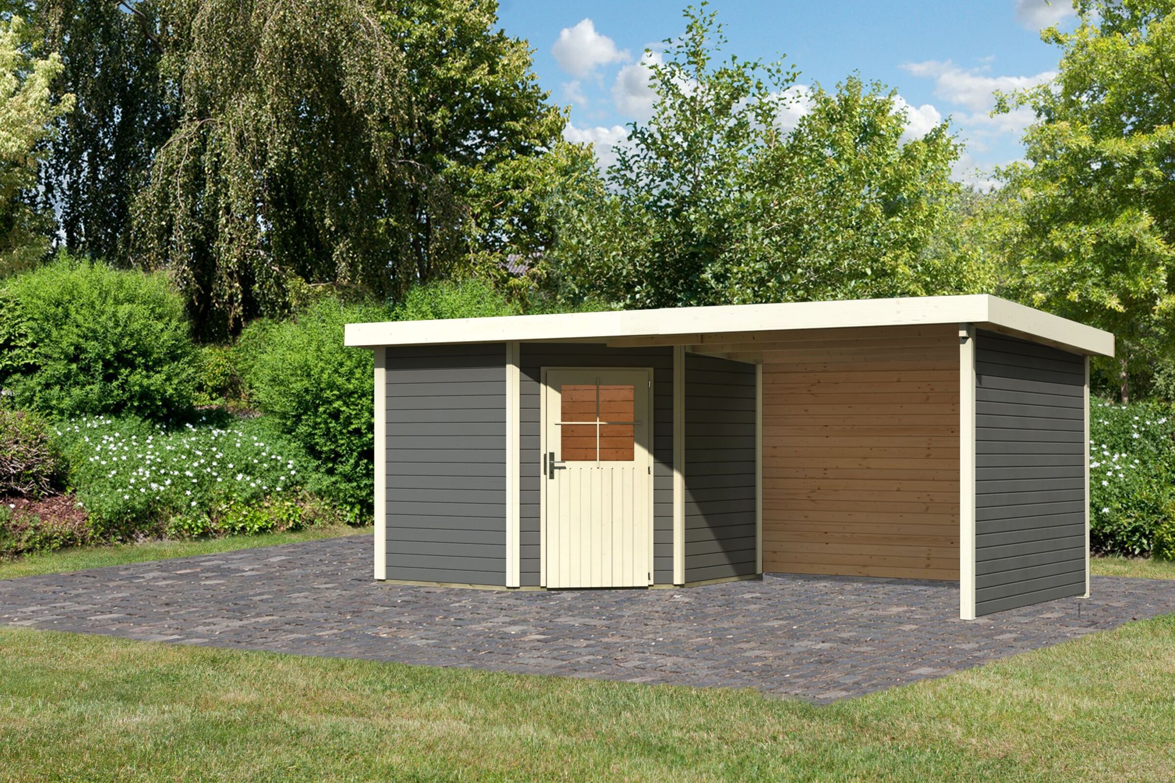 KARIBU Gartenhaus Neuruppin2 , terragrau, Fichtenholz 28mm, 585 x 244 x 222 cm, Flachdach, Anbau 3,2m mit Rück- und Seitenwand