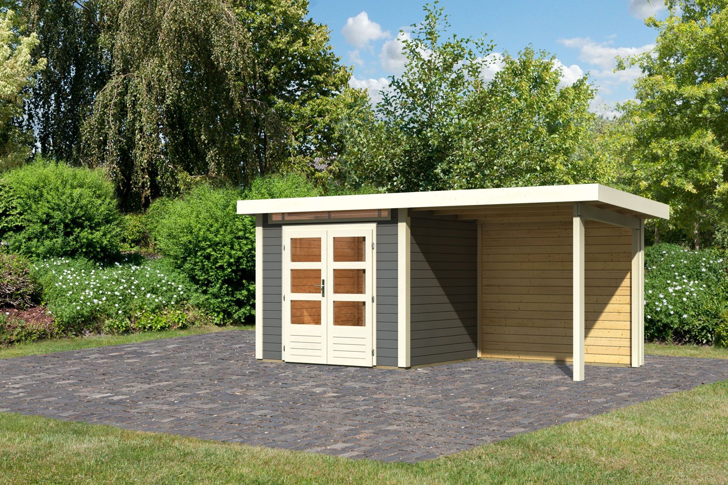 KARIBU Gartenhaus Kandern2 , terragrau, Fichtenholz 28mm, 522,5 x 204 x 222 cm, Flachdach, Anbau 2,35m mit Rückwand