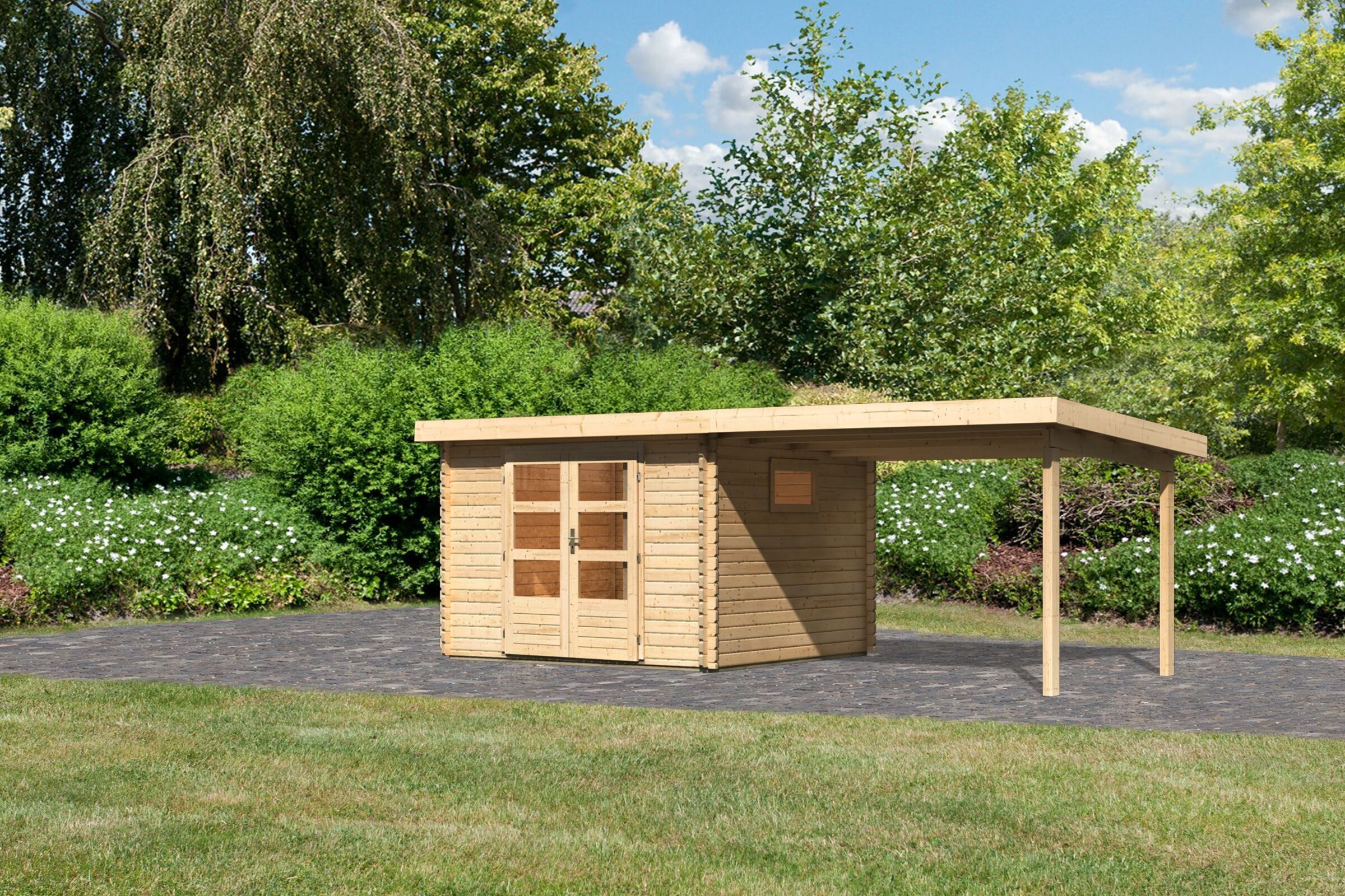 KARIBU Gartenhaus Trittau 3, naturbelassen, Fichtenholz 40mm, 616,5 x 297 x 217 cm, Pultdach, Anbau 3,3m