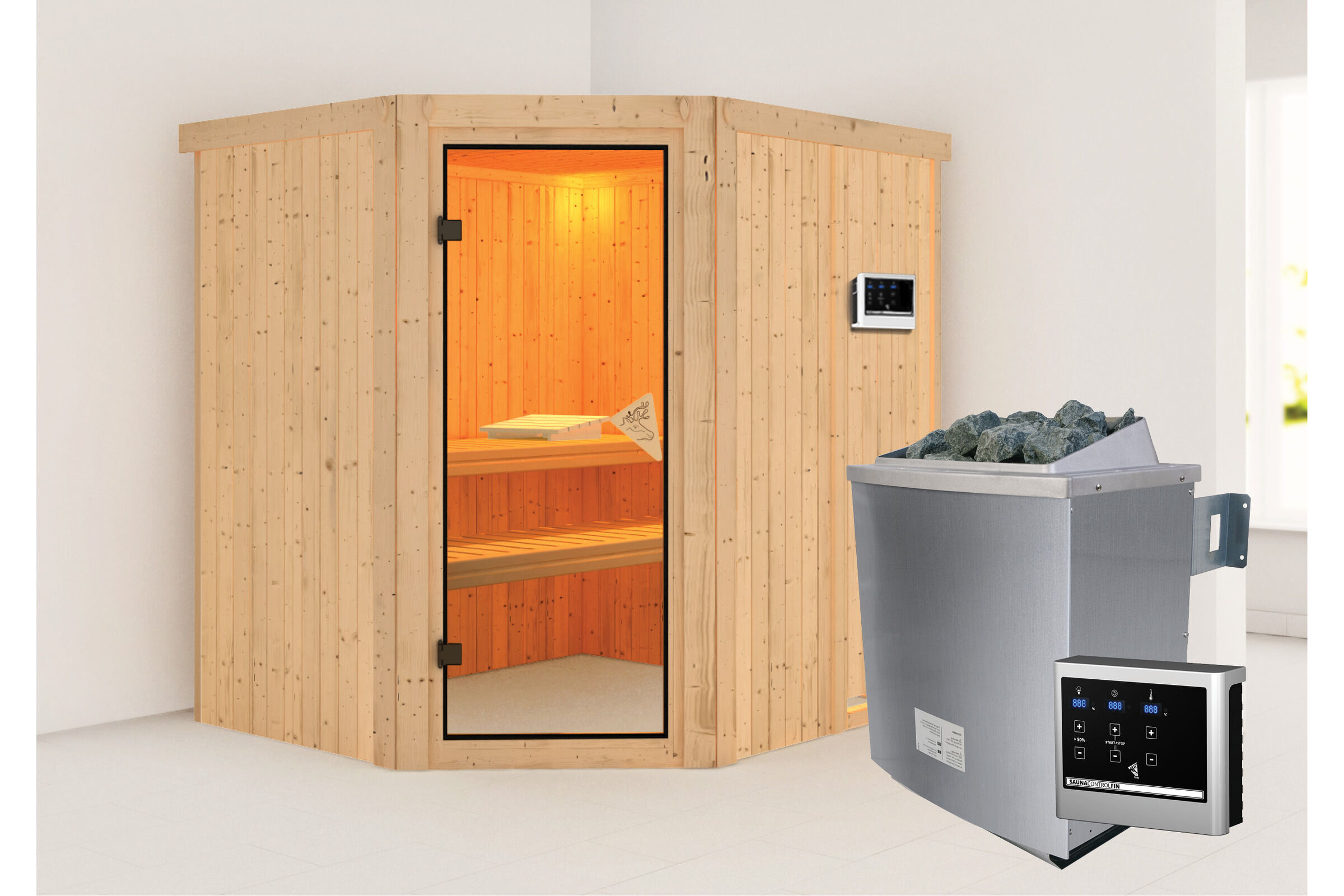 KARIBU Siirin Sauna , naturbelassen, Fichte, 196x170x198 cm, Eckeinstieg, bronzierte Tür, mit  Ofen 4,5 kW ext. Strg. Easy