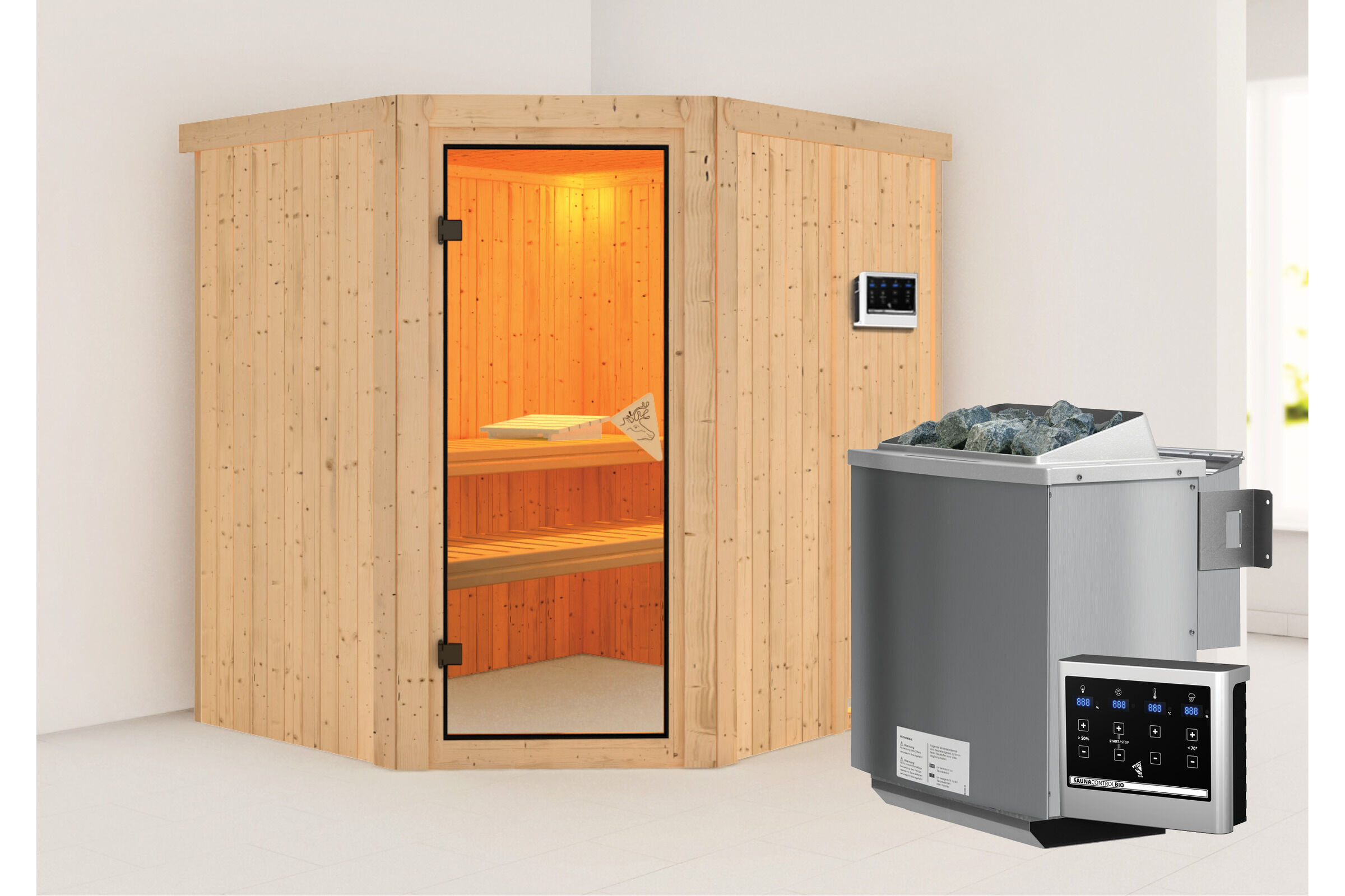 KARIBU Siirin Sauna , naturbelassen, Fichte, 196x170x198 cm, Eckeinstieg, bronzierte Tür, mit  Ofen 4,5 kW Bio ext. Strg.