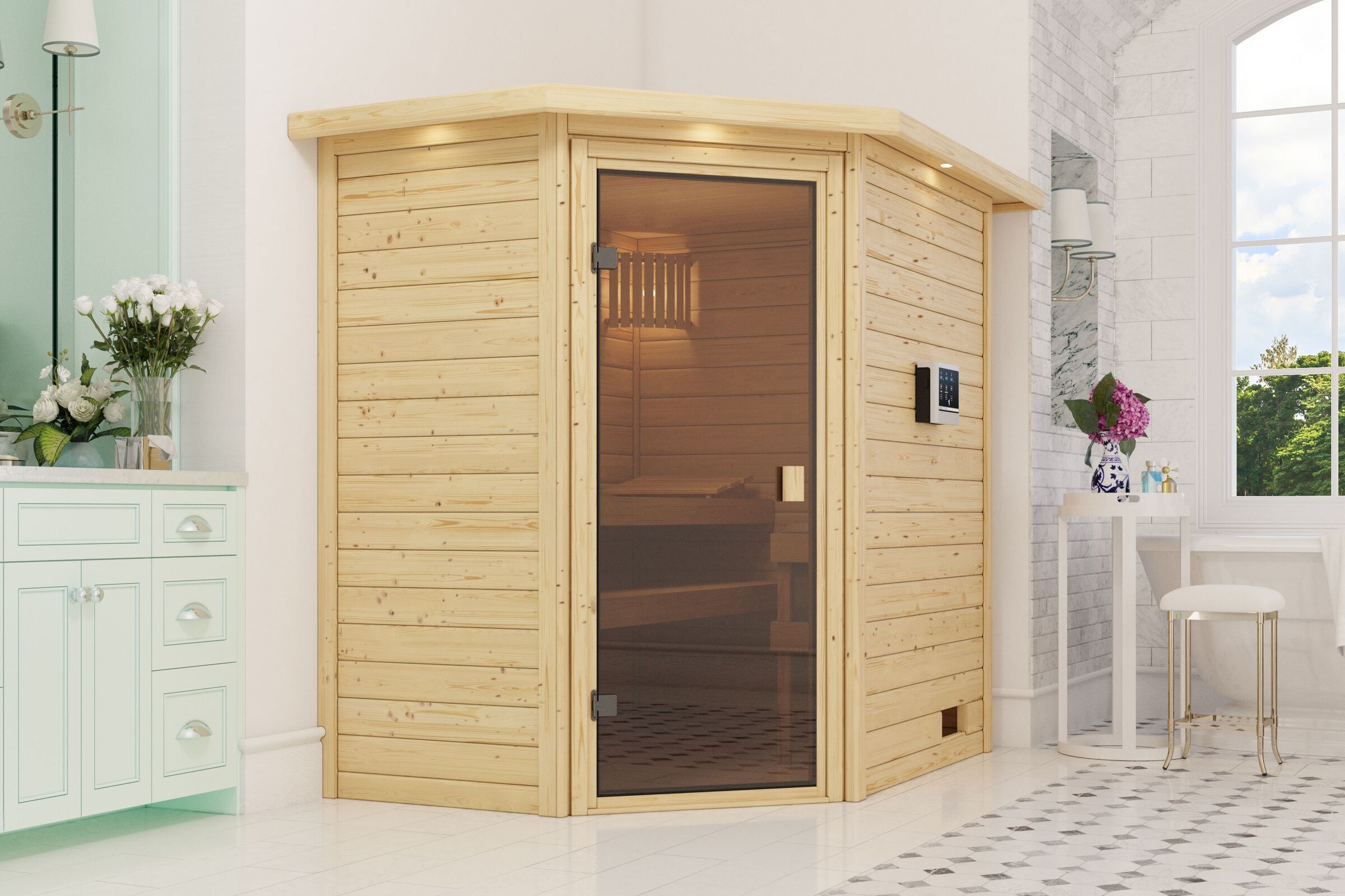 KARIBU Svea Sauna , naturbelassen, Fichte, 196x146x198 cm, bronzierte  Tür, Ofen 4,5 kW ext. Strg. Easy