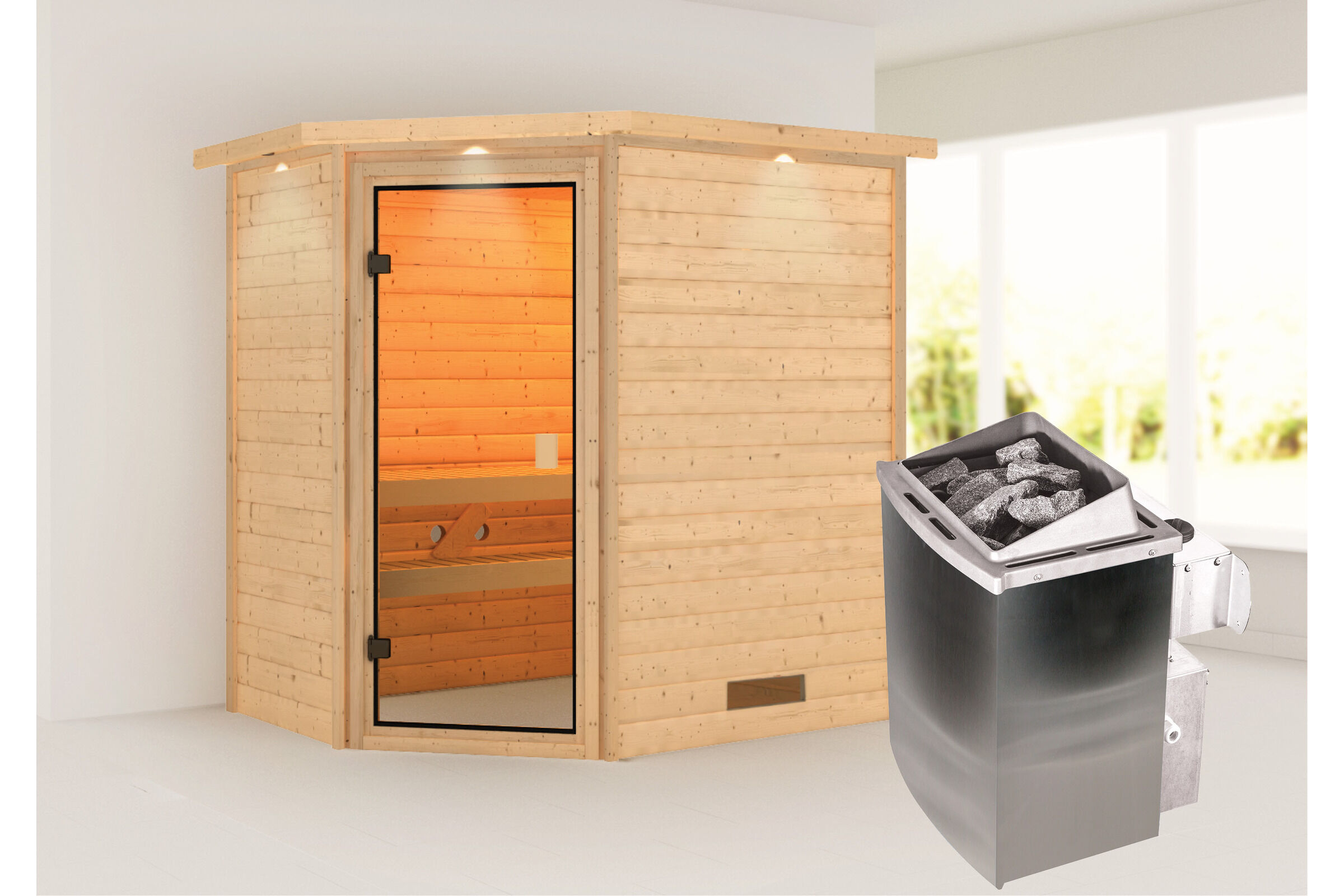 KARIBU Svea Sauna , naturbelassen, Fichte, 224x160x202 cm, bronzierte  Tür u. Kranz, Ofen 4,5 kW integr. Strg.