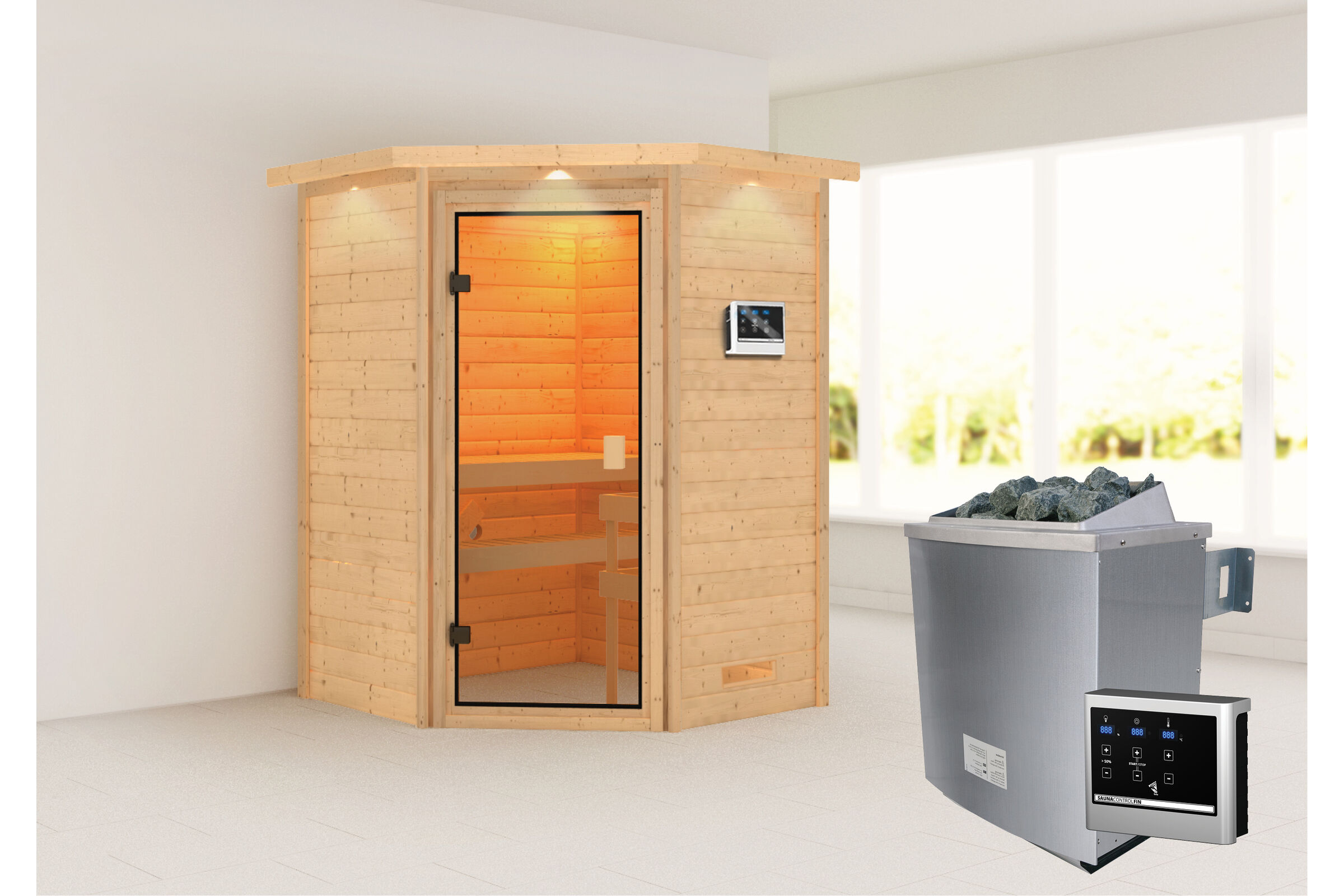 KARIBU Antonia Sauna , naturbelassen, Fichte, 173x159x191 cm, Kranz SET, Ofen 4,5 kW ext. Strg. Easy