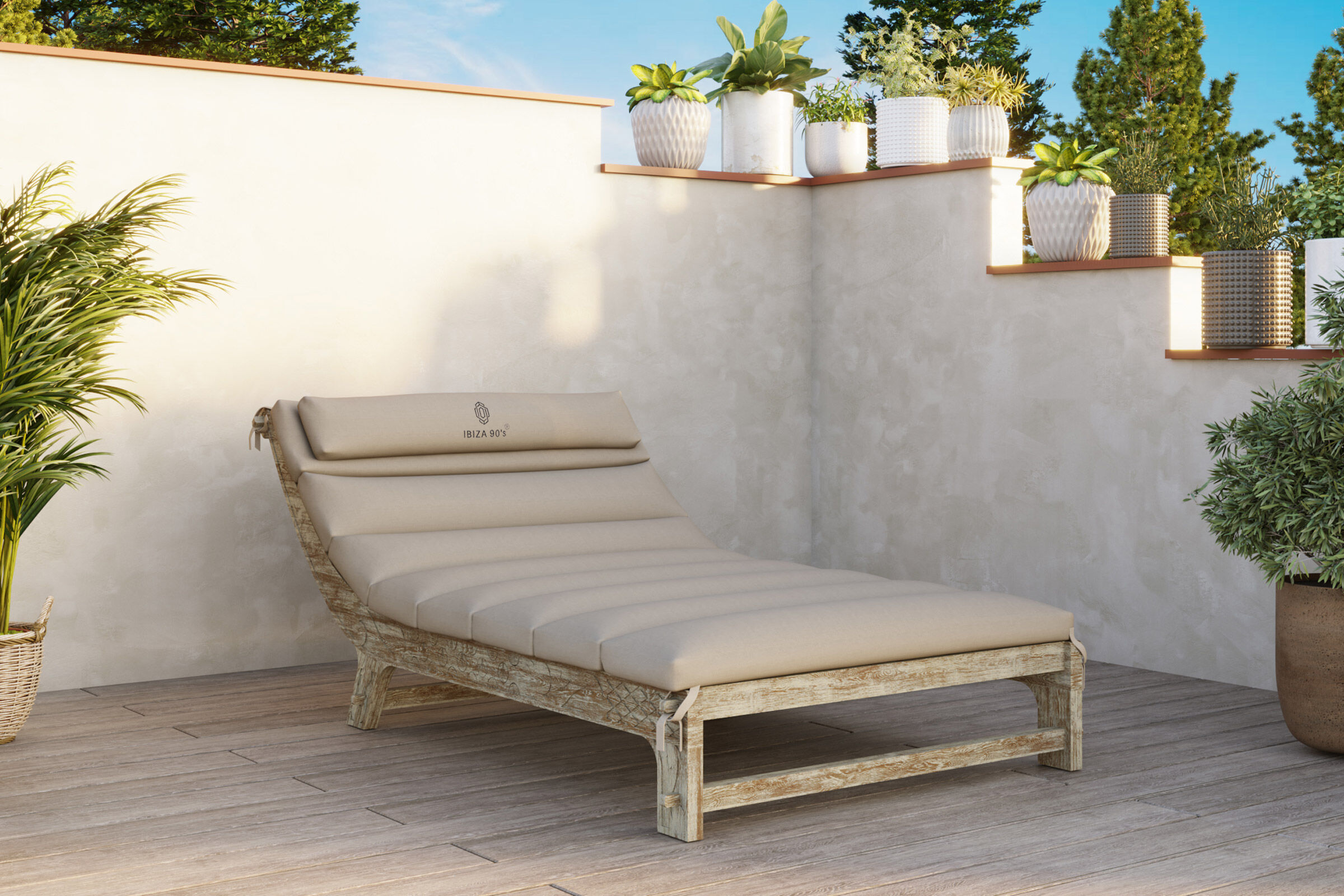 IBIZA 90’s Raja Gartenliege, greywashed/beige, FSC-Teak/Olefin, 220 x 130 x 91 cm