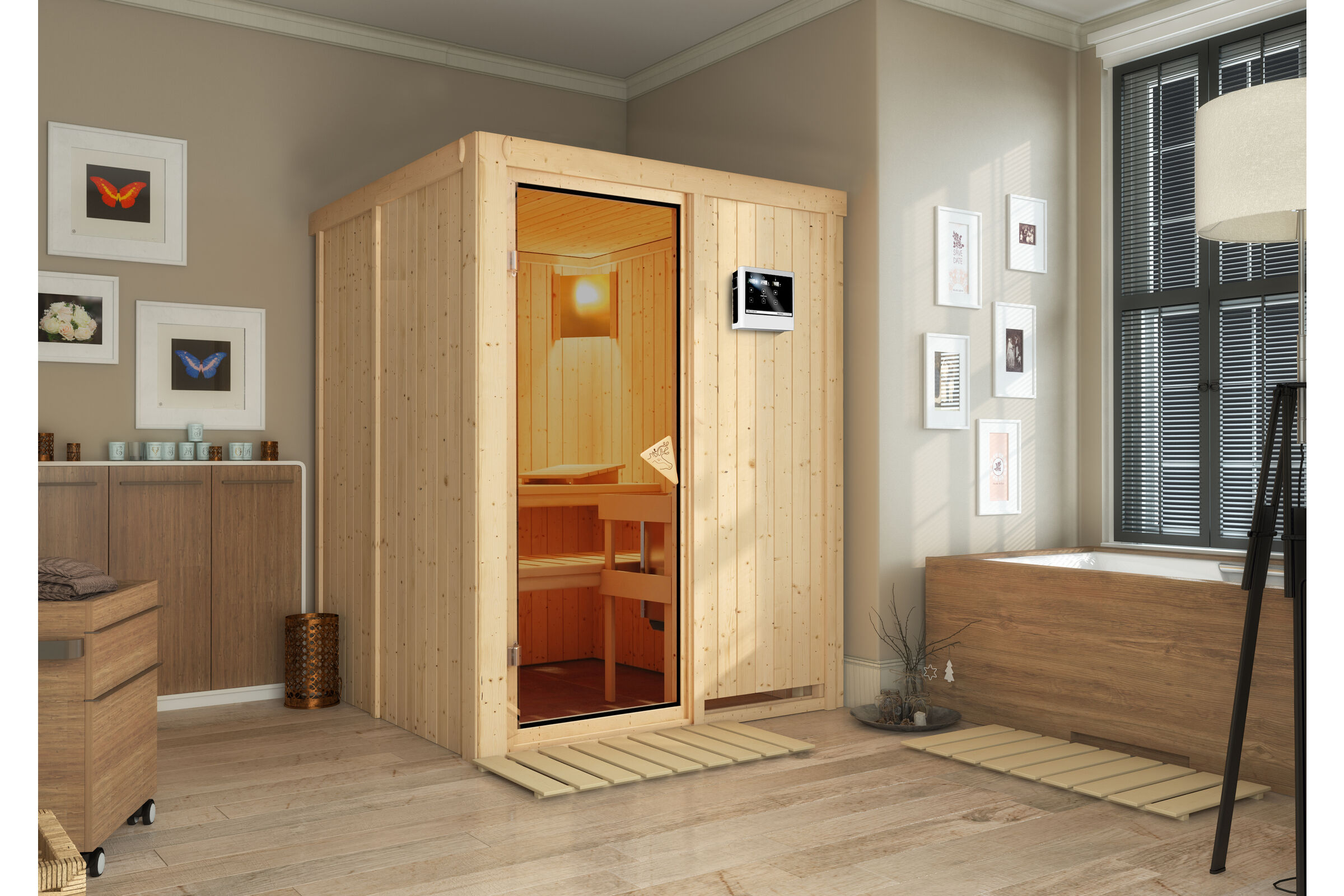 KARIBU Norin Sauna, naturbelassen, Fichte, 151 x 151 x 198 cm, Fronteinstieg, mit bronzierter Tür, SET mit Ofen 4,5 kW ext. Strg. Easy