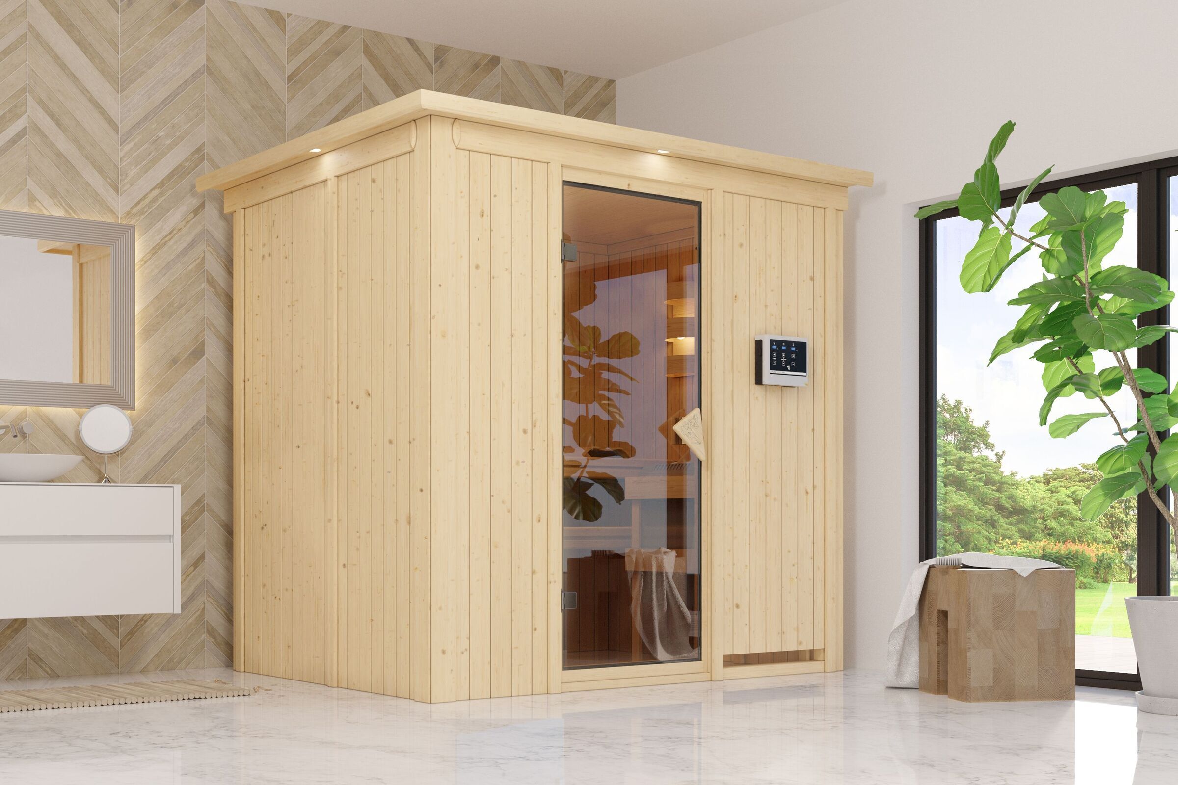 KARIBU Bodin Sauna, naturbelassen, Fichte, 210 x 165 x 202 cm, Fronteinstieg,  mit bronzierter Tür und Kranz SET  mit Ofen 4,5 kW ext. Strg. Easy