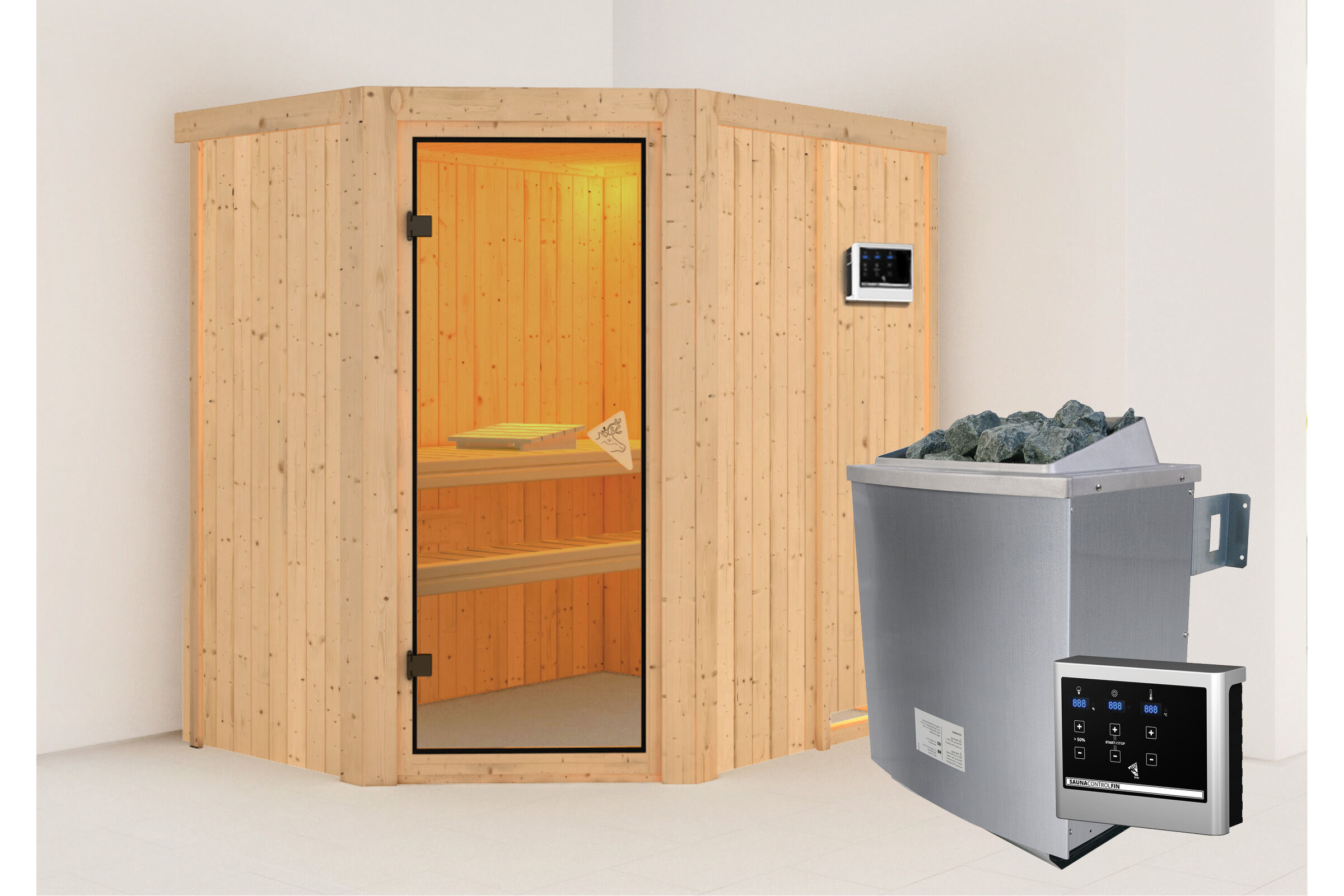 KARIBU Carin Sauna, naturbelassen, Fichte, 196 x 151 x 198 cm, Eckeinstieg,  mit bronzierter Tür SET  mit Ofen 4,5 kW ext. Strg. Easy
