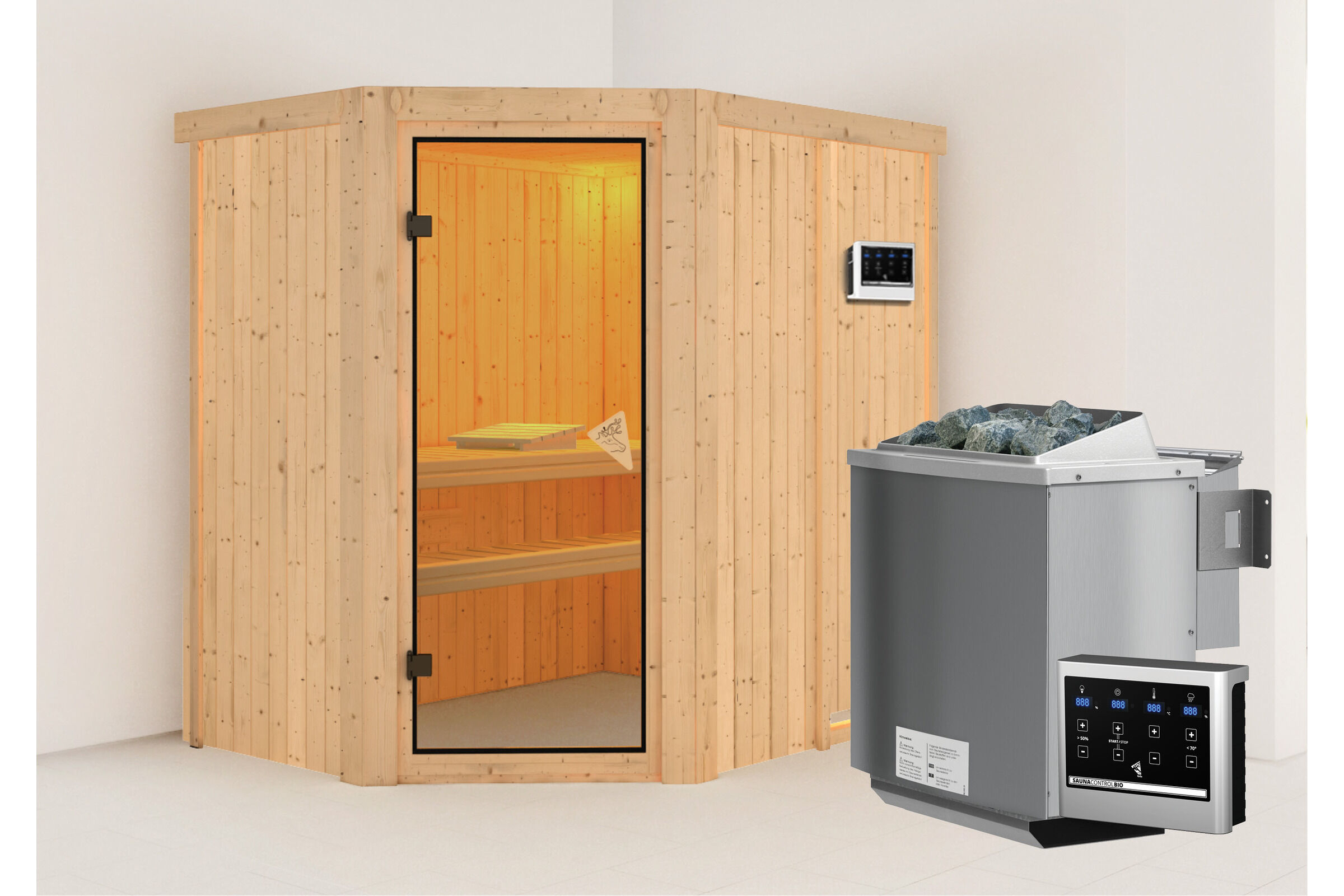 KARIBU Carin Sauna, naturbelassen, Fichte, 196 x 151 x 198 cm, Eckeinstieg,  mit bronzierter Tür SET  mit Ofen 4,5 kW Bio ext. Strg.