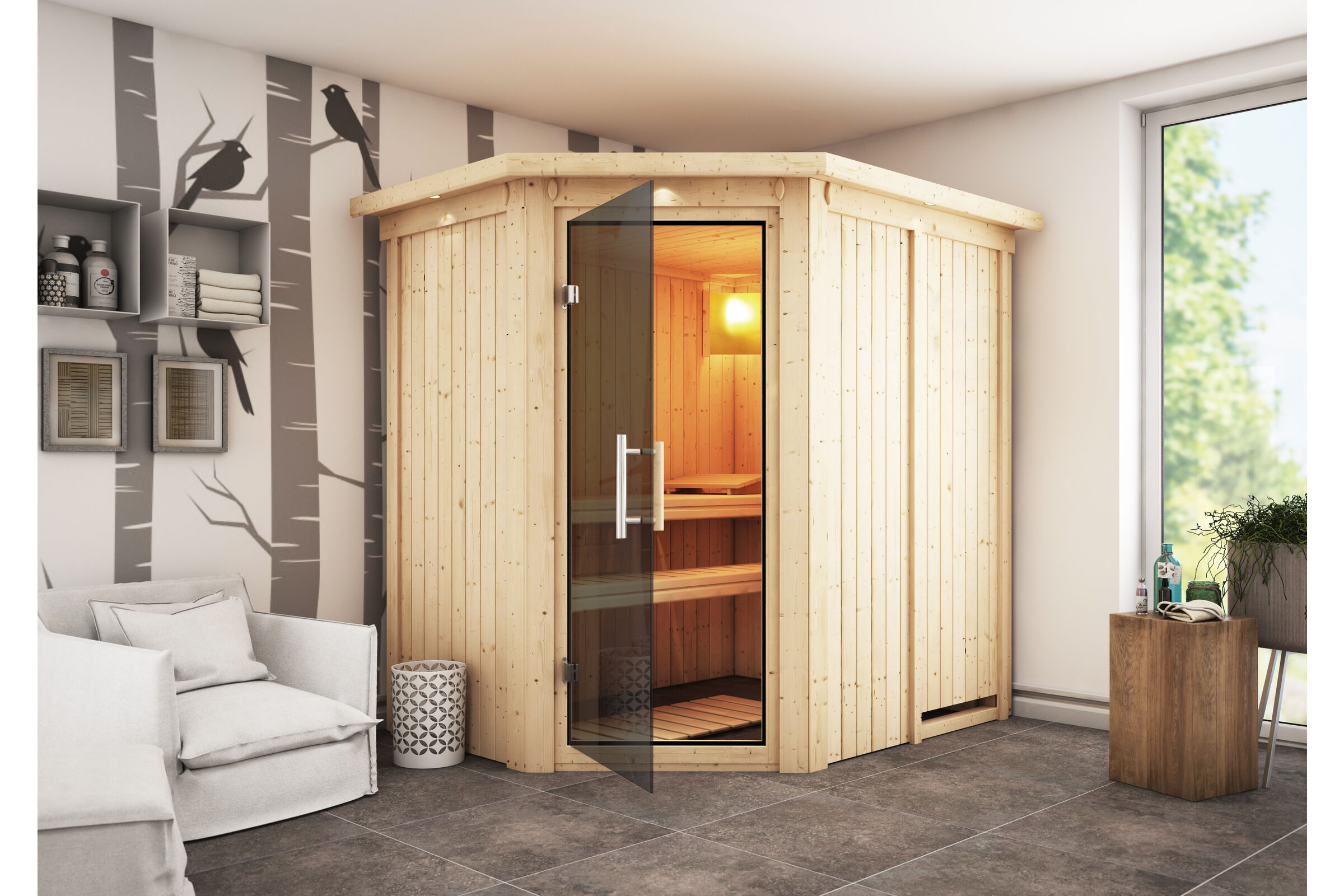 KARIBU Carin Sauna, naturbelassen, Fichte, 210 x 165 x 202 cm, Eckeinstieg,  mit graphitfarbener Tür und Kranz SET  mit Ofen 4,5 kW integr. Str.