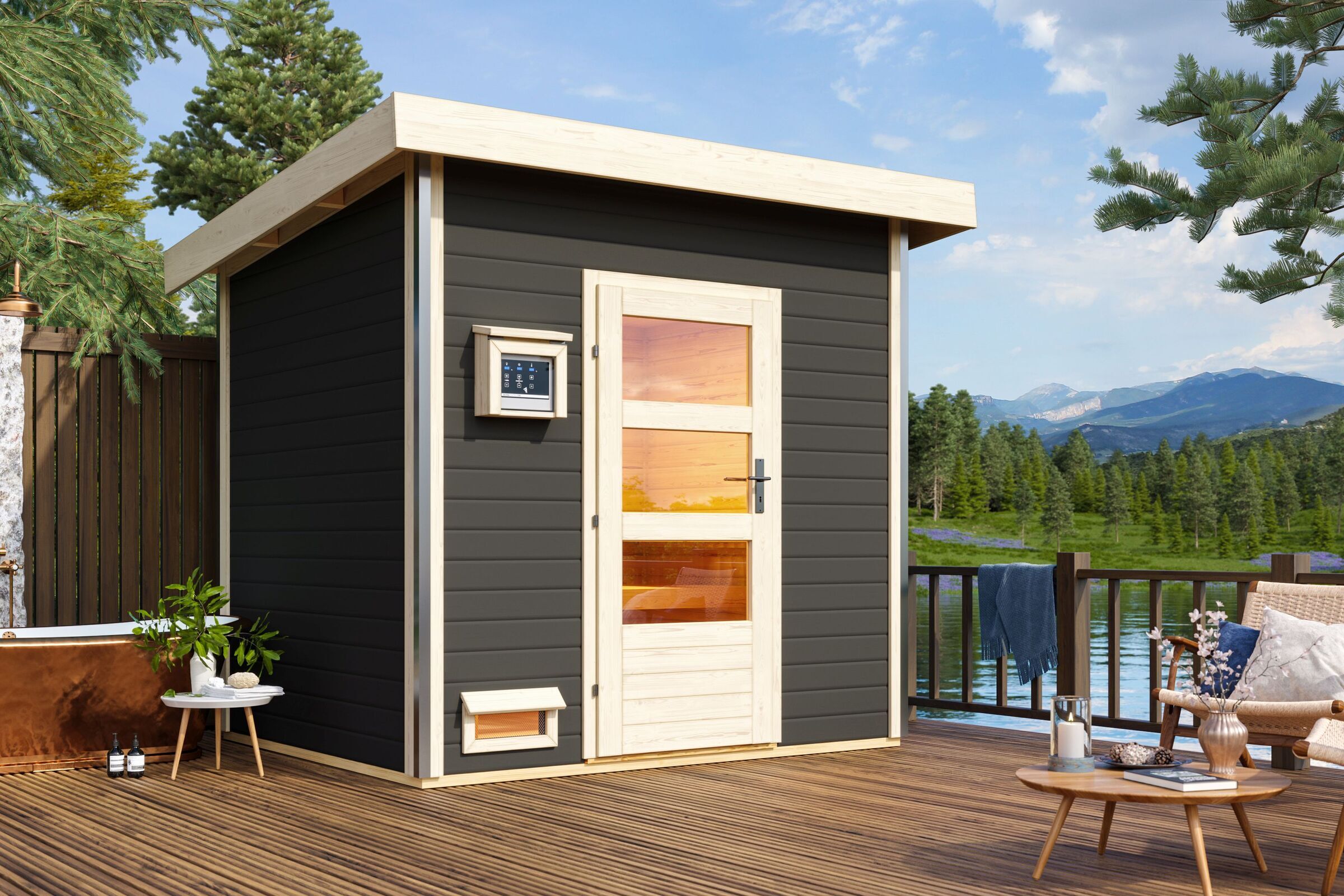 KARIBU Norge Saunahaus, terragrau, Fichte, 231 x 196 x 190 cm, Fronteinstieg, mit moderner Tür SET  mit Ofen 9 kW ext. Strg.