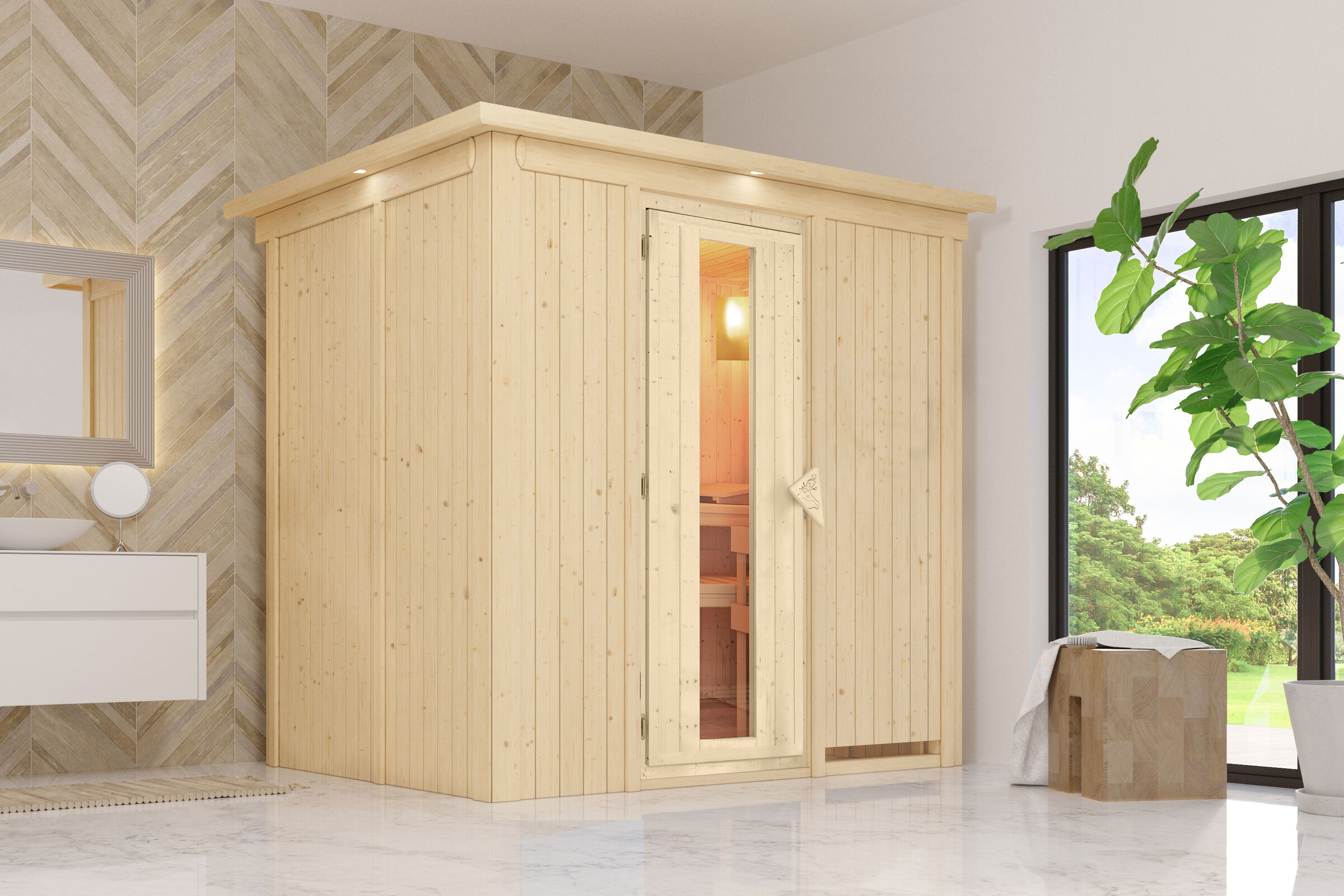 KARIBU Benin Energiespar-Sauna, naturbelassen, Fichte, 210x165x202 cm, mit Kranz und 3,6 kW Ofen integr. Steuerung