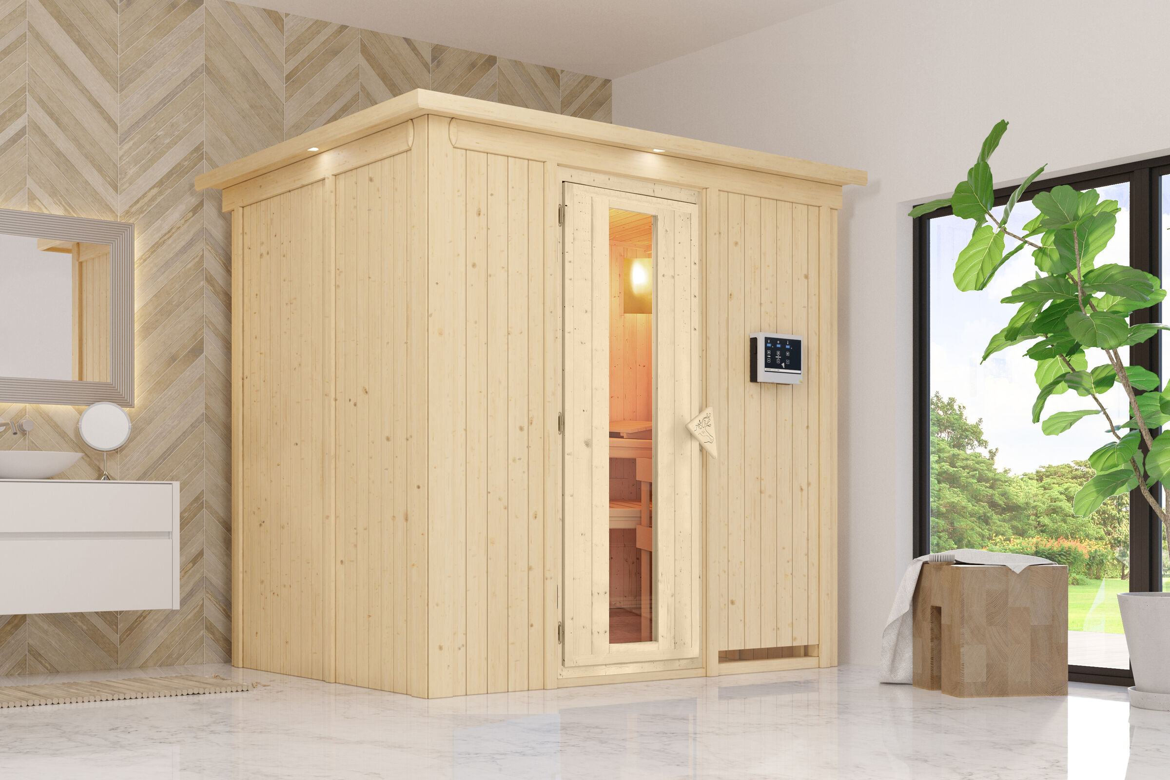 KARIBU Benin Energiespar-Sauna, naturbelassen, Fichte, 210x165x202 cm, mit Kranz und 3,6 kW Ofen ext. Steuerung