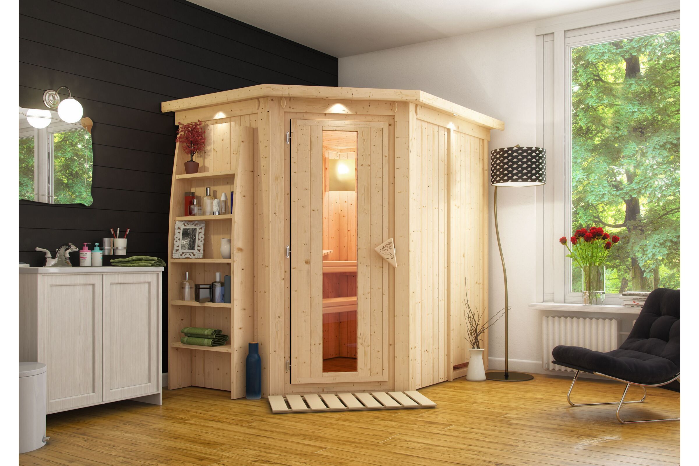 KARIBU Caspin Energiespar-Sauna, naturbelassen, Fichte, 210x165x202 cm, mit Kranz und Eckeinstieg