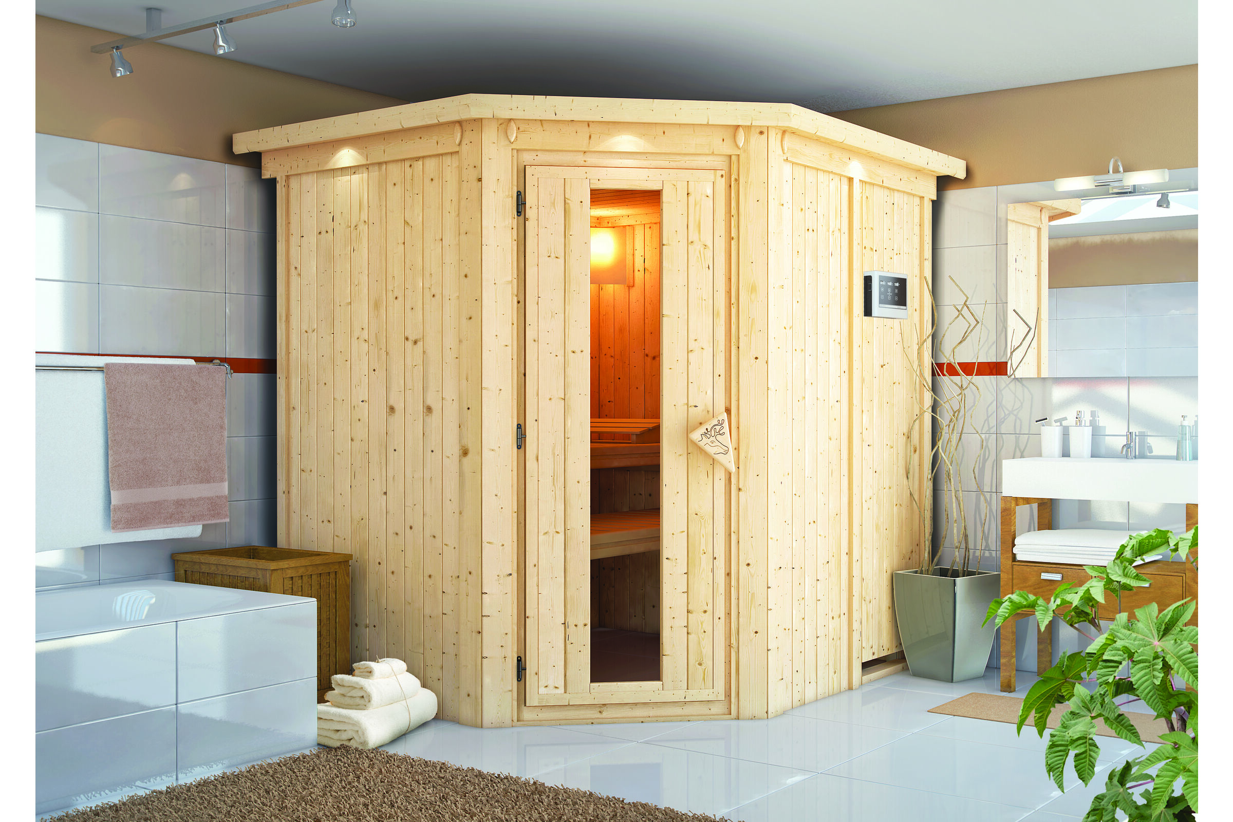 KARIBU Lobin Energiespar-Sauna, naturbelassen, Fichte, 210x184x202 cm, mit Kranz und 3,6 kW Ofen ext. Steuerung Modern