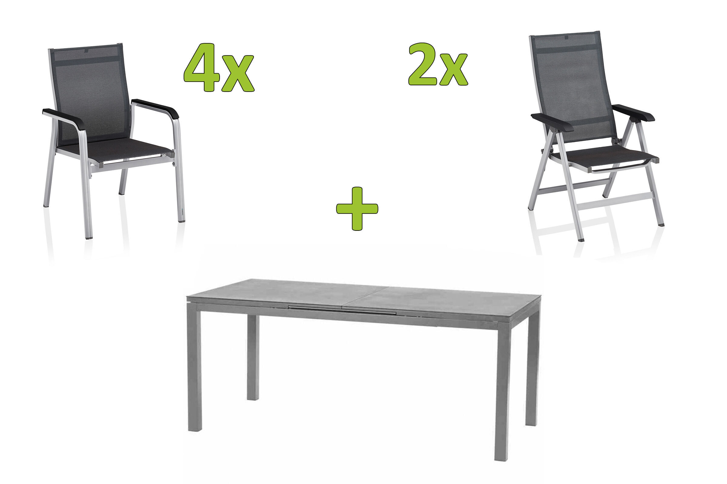 KETTLER BasicPlus Premium Sitzgruppe, silber, Alu/Spraystone, Tisch 180/240×90 cm, 4 Stapelsessel-,4 Multipositionsessel
