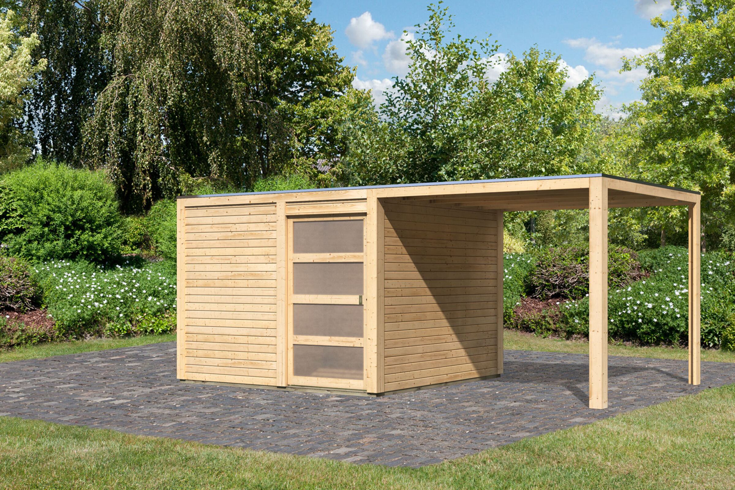 KARIBU Exklusivmodell Quadro Set Gartenhaus, naturbelassen, nordische Fichte, 545 x 275 x 214 cm, mit Anbaudach