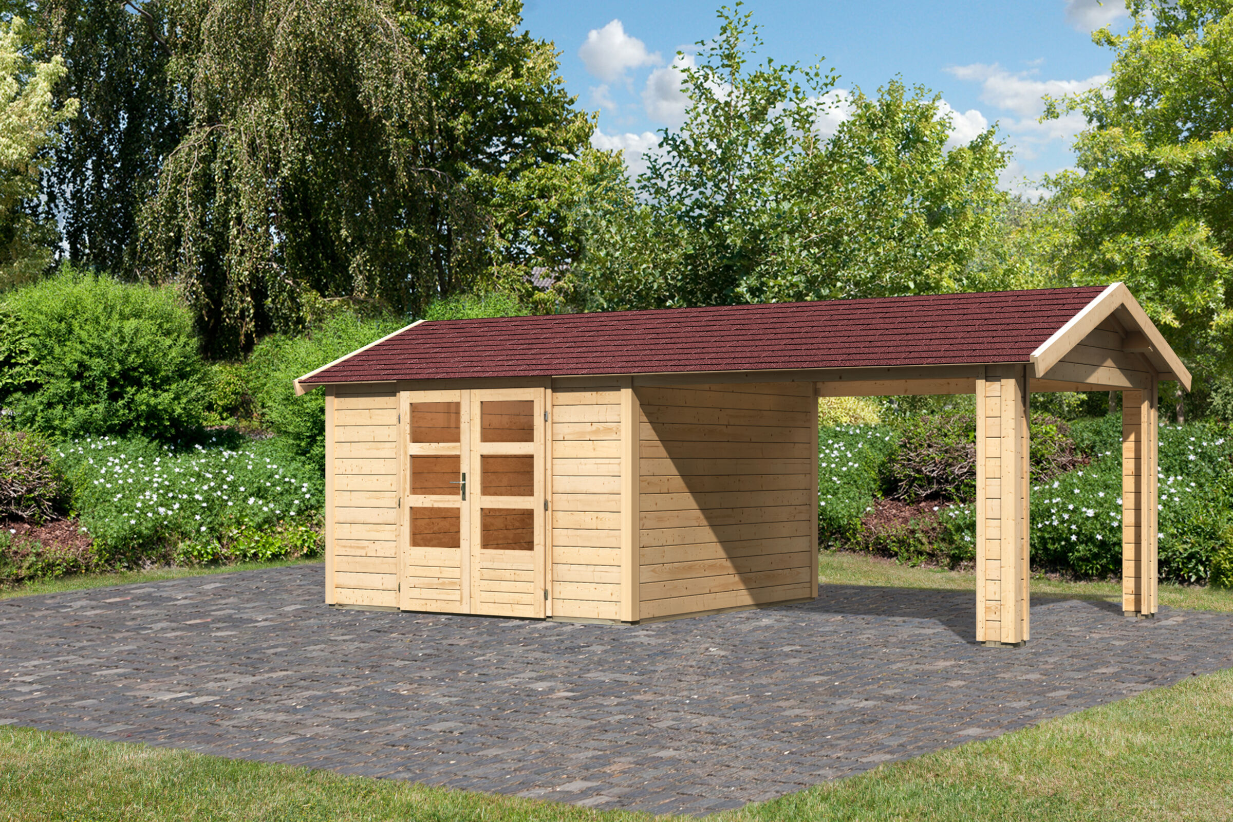 KARIBU Exklusivmodell Tharo Set Gartenhaus, naturbelassen, Fichte, 647 x 304 x 250 cm, mit Dachausbauelement