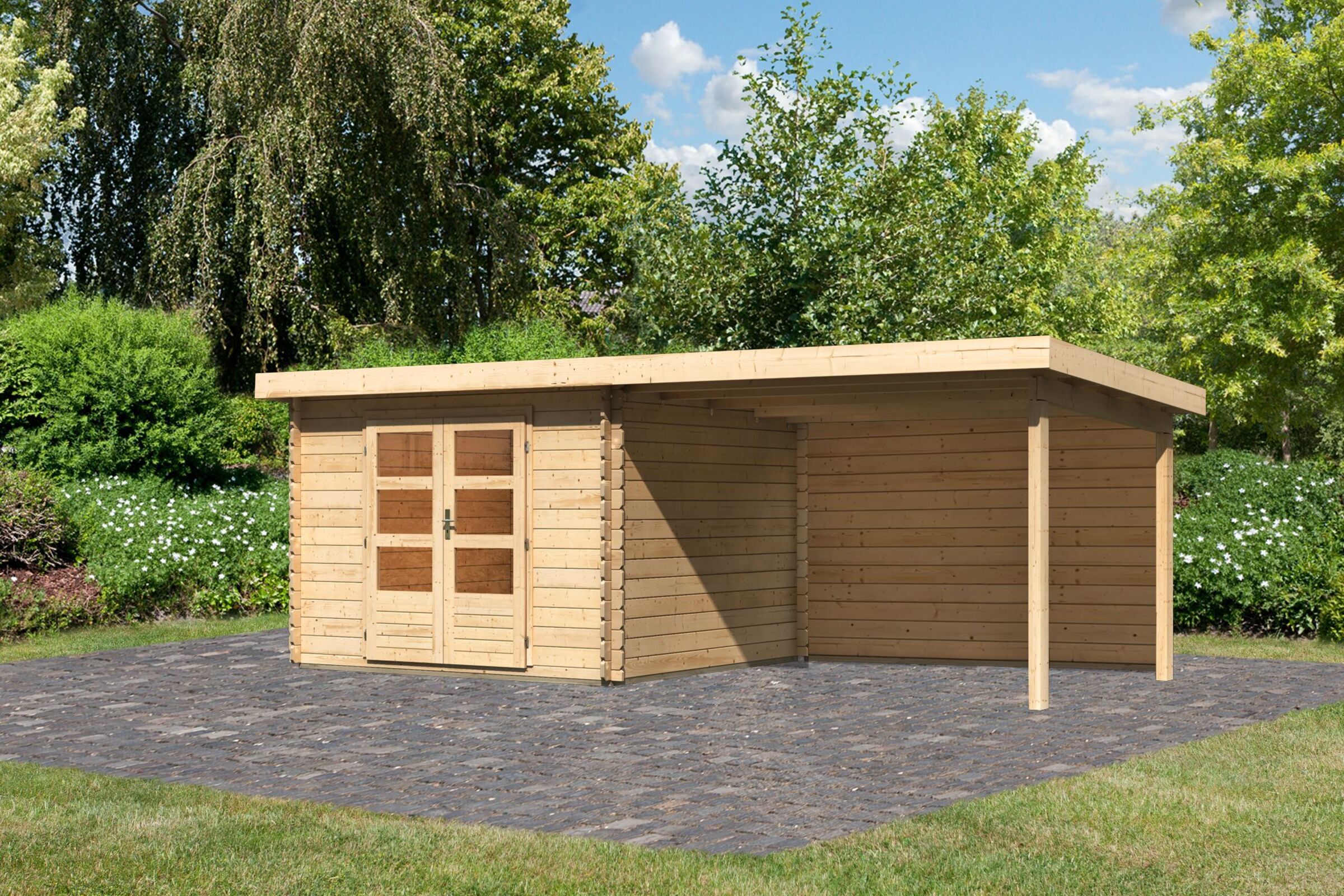 KARIBU Exklusivmodell Bernd Set Gartenhaus, naturbelassen, Fichte, 614 x 333 x 220 cm, mit Anbaudach 3m Breite und Rückwand