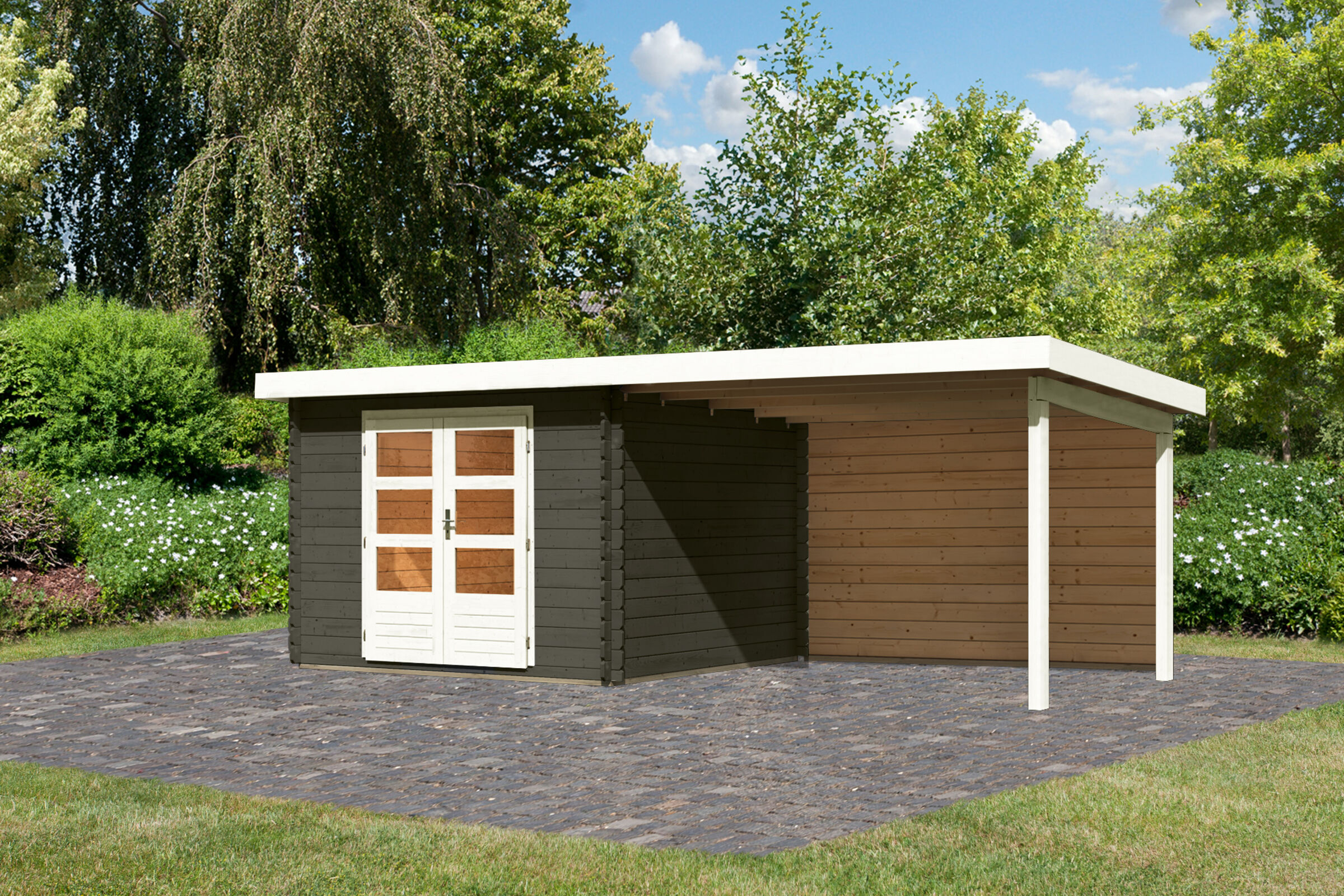 KARIBU Exklusivmodell Bernd Set Gartenhaus, terragrau, Fichte, 614 x 333 x 220 cm, mit Anbaudach 3m Breite und Rückwand