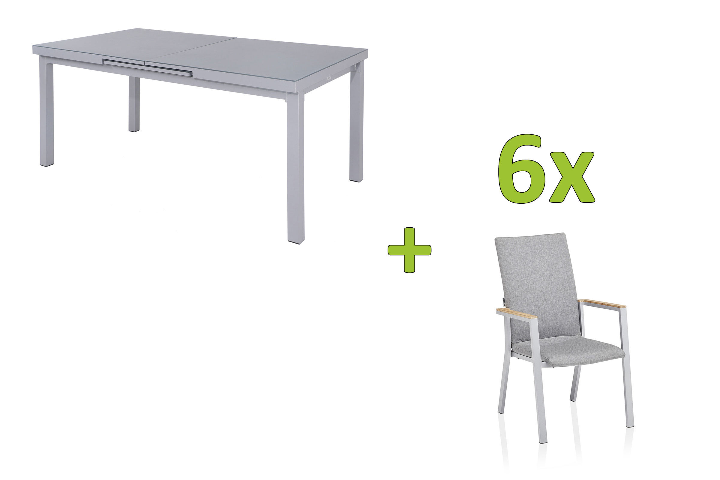 KETTLER Rasmus Gartenessgruppe, Silber/Grau, Aluminium/Teak/Sicherheitsglas, Tisch 180/240×100 cm, 6x Sessel, Stapelbar, Robust