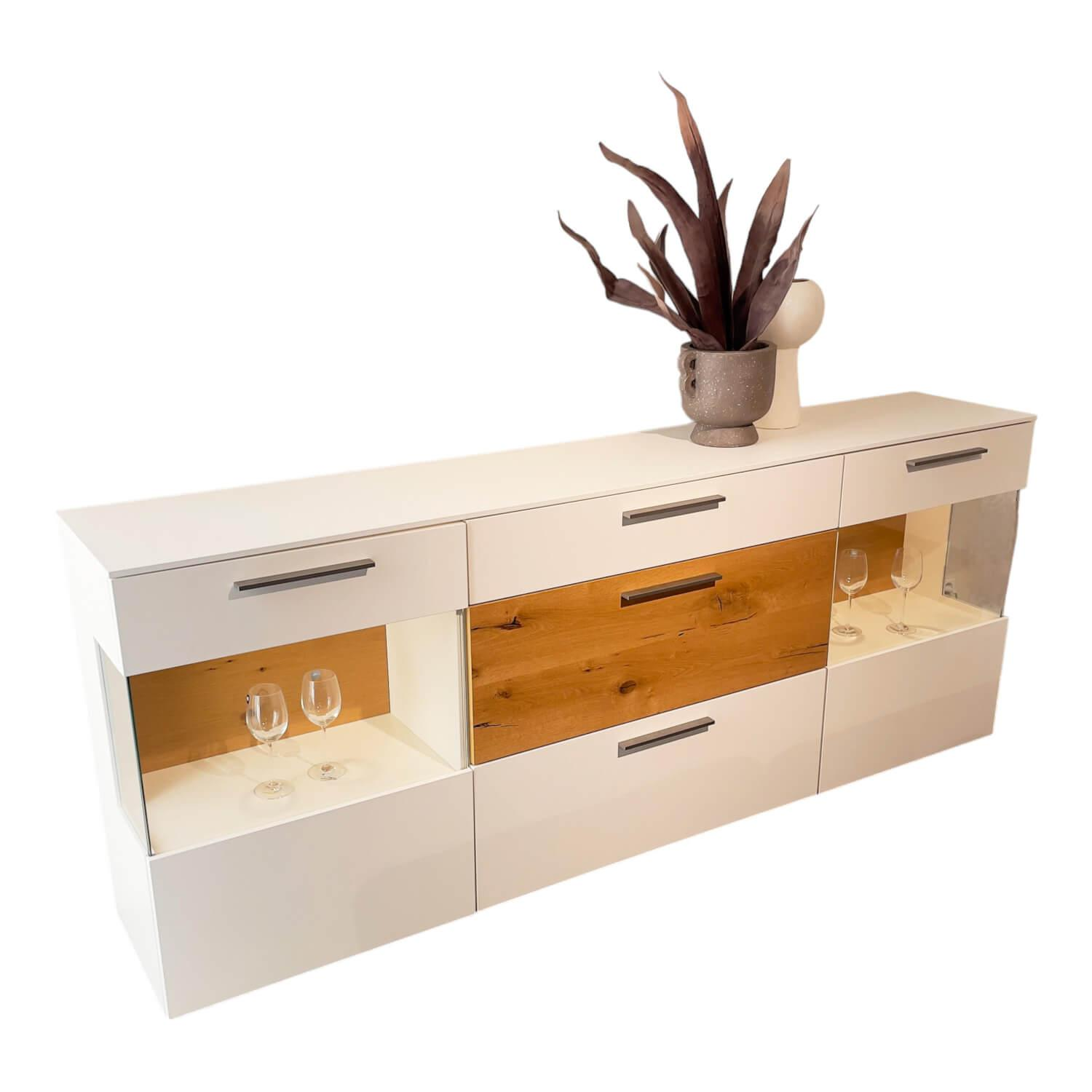 Sideboard Mondo Braviso 1004 Lack Seidenmatt Weiß Balkeneiche Honig Mit LED Bele…