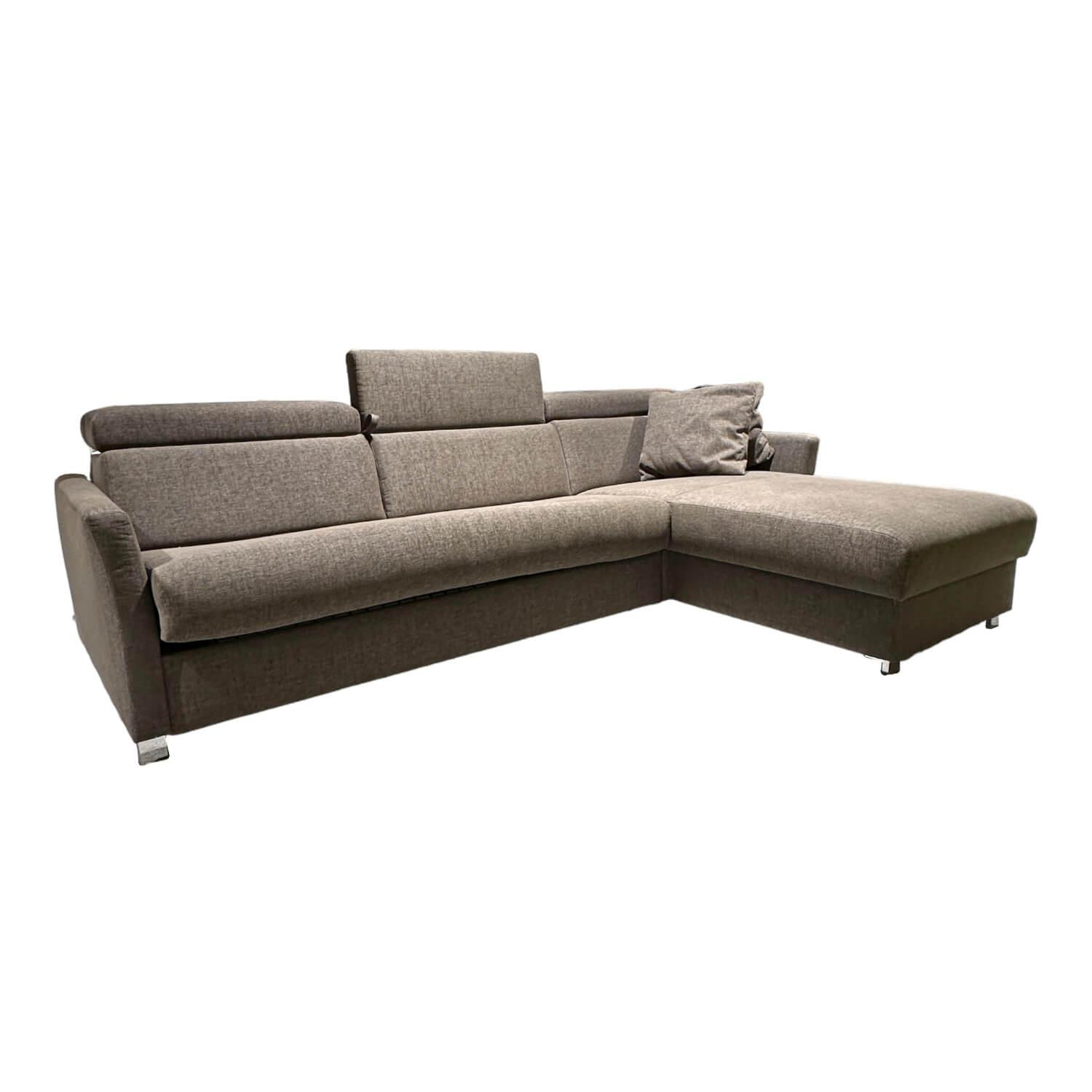 Ecksofa Sabrina 140 Bezug Stoff 8-8013 Grau-Braun Fuß Chrom Mit Kissen