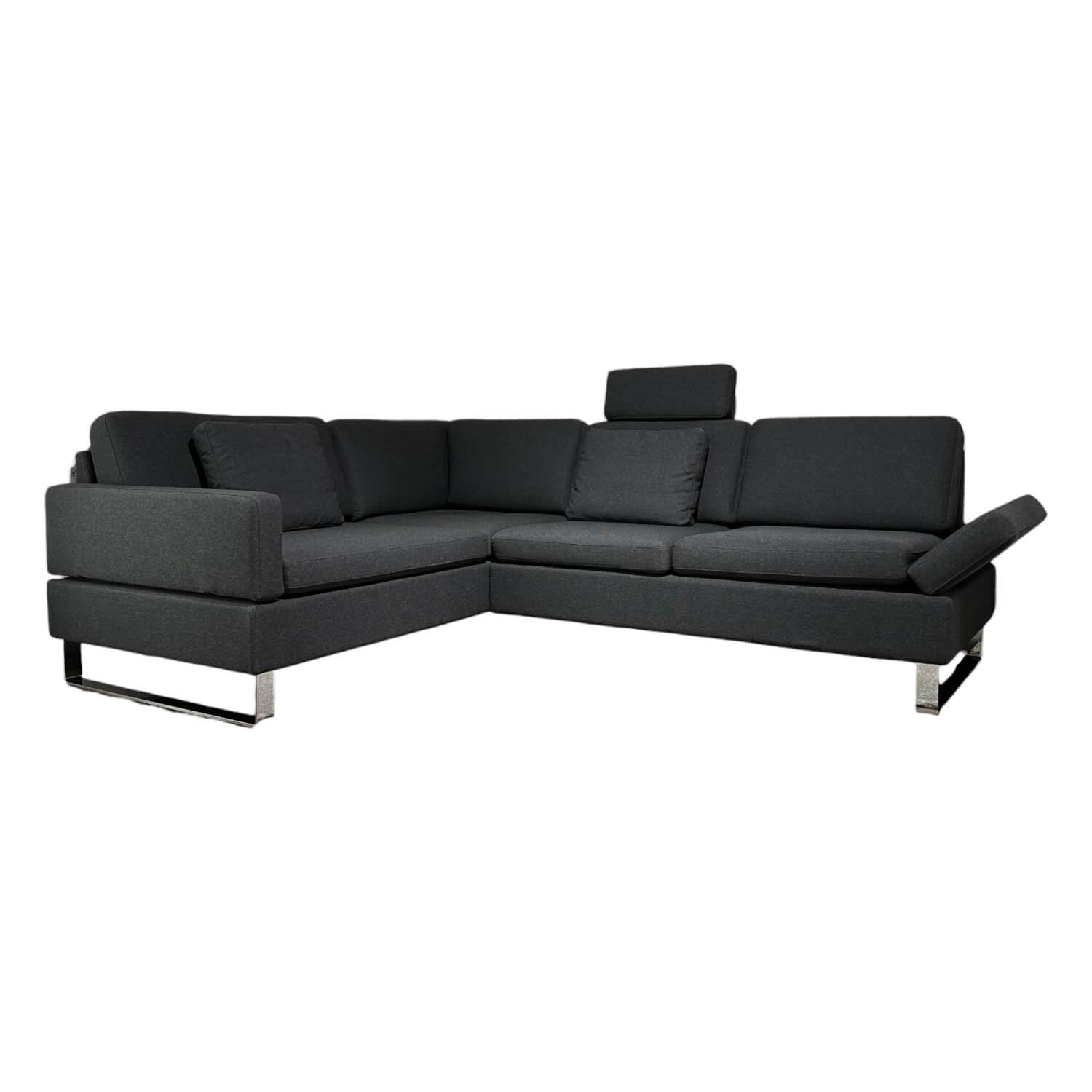 Ecksofa Alba System Stoff 3677 Grau 99 Kufe Verchromt mit Kopfstützkissen