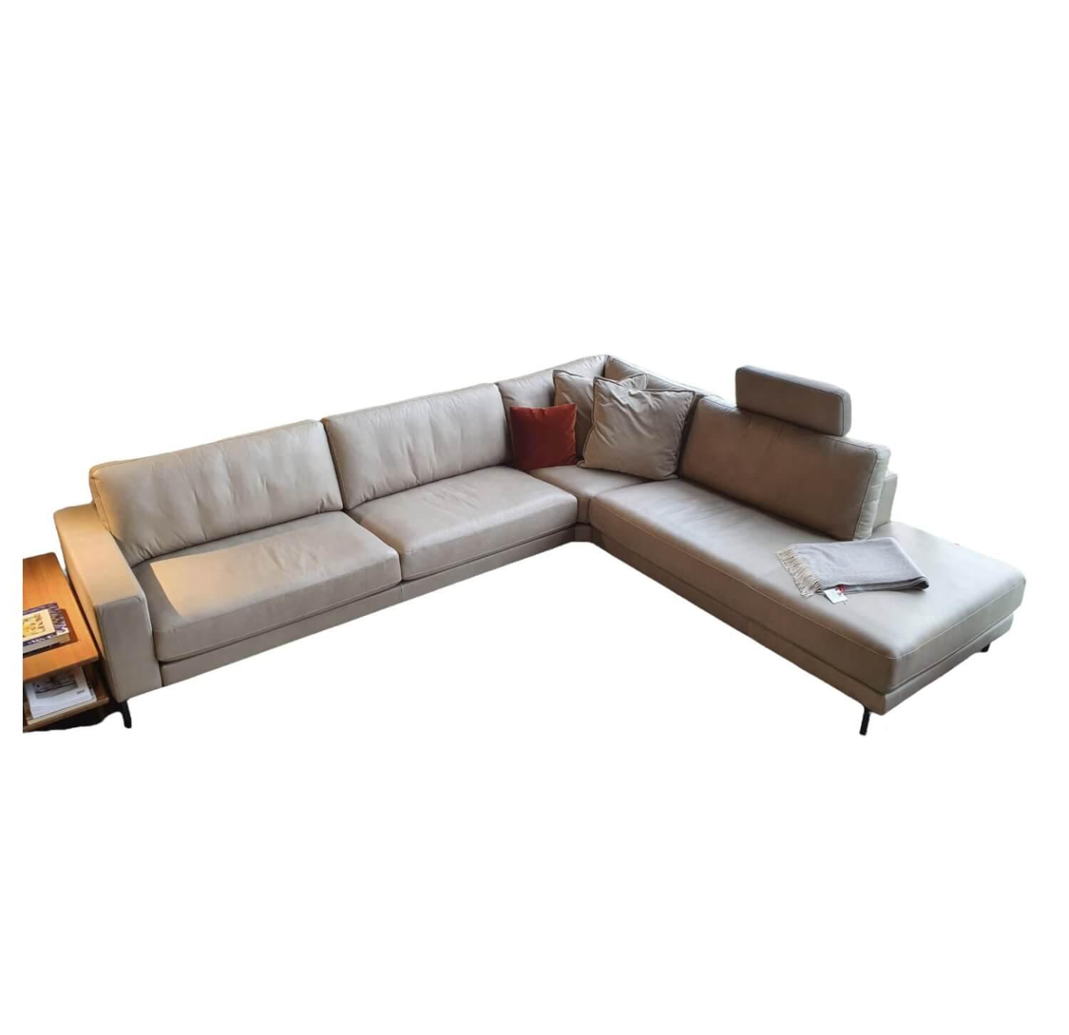 Ecksofa Ego Leder Stone Grey mit Nackenrolle