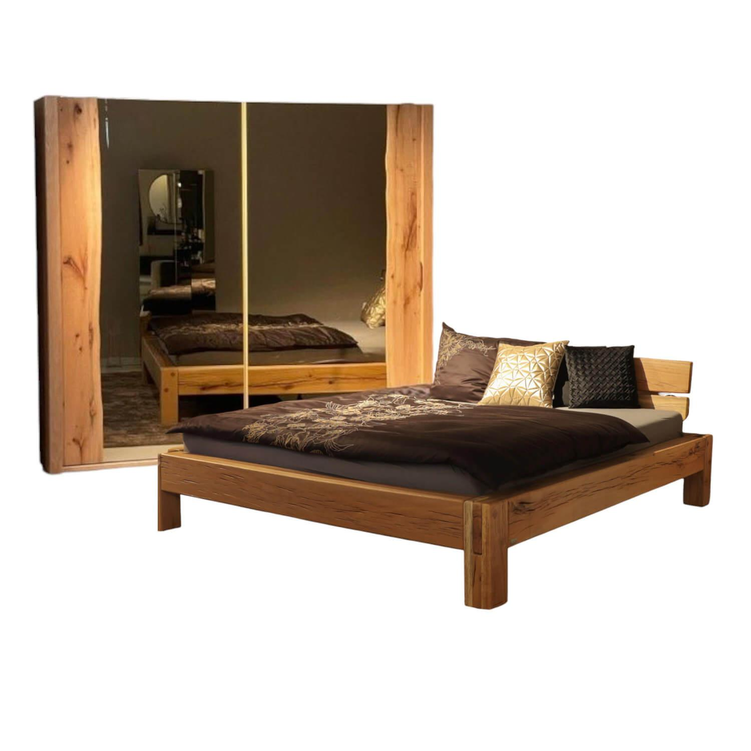 Schlafzimmer Bett Rocco Sumpfeiche 1 Kleiderschrank mit Spiegel Bronze 2 Nachtko…