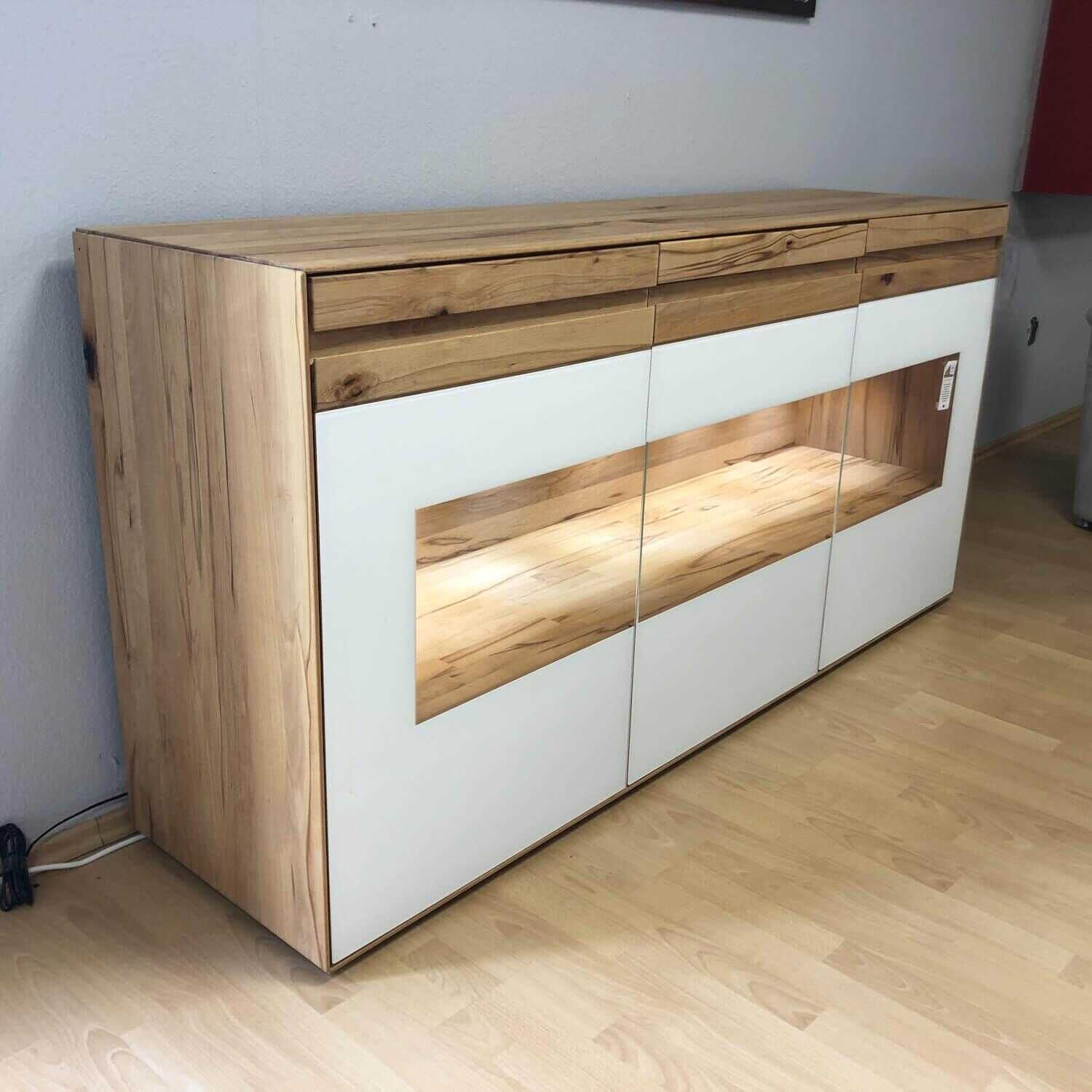 Sideboard EM Costa Astbuche Massiv Naturbelassen Geölt Glaselemente Weiß Lackier…