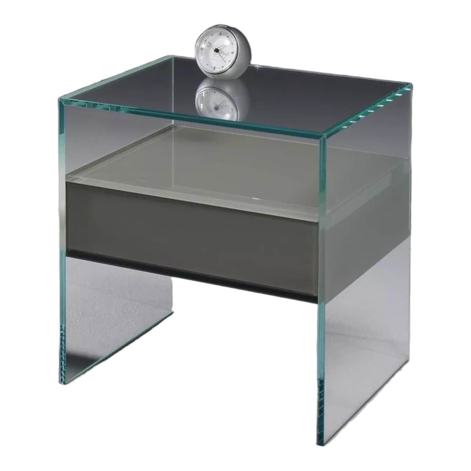 Nachttisch Pure Floatglas Klar Schublade Lackiert Graualuminium RAL 9007