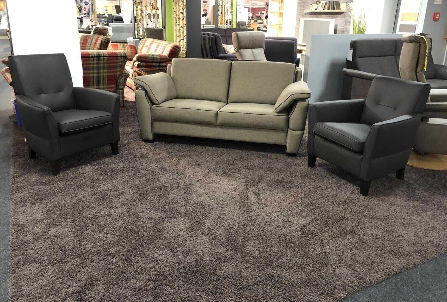 Garnitur Trevi Sofa Stoff Grün Grau mit 2 Sesseln Leder Braun