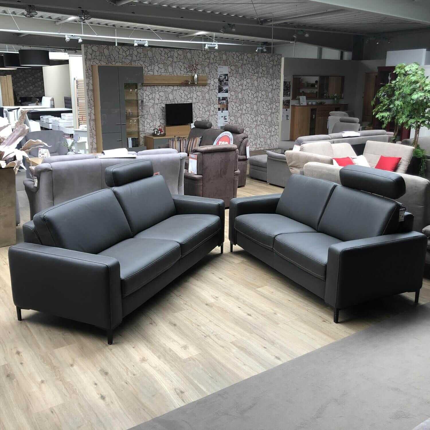 Garnitur Sofastyle Leder Vivre Anthrazit Füße Metall Schwarz 2 Sofas