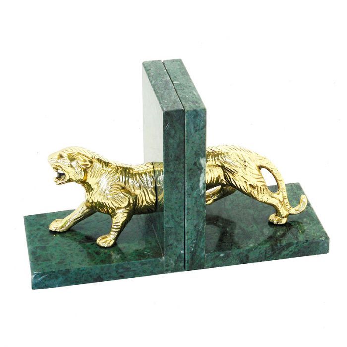 Bookend 29x10x18cm Tiger With Green Marble Antique Brass/Green Brass/Marble