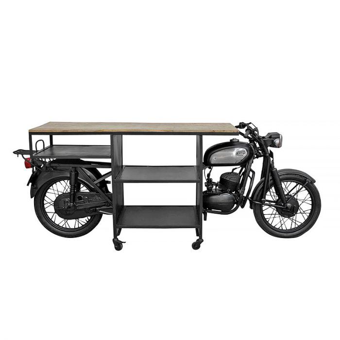 Bike Table 280x66x104cm Iron Black Finish With Natural Mango Wood Top Iron + …