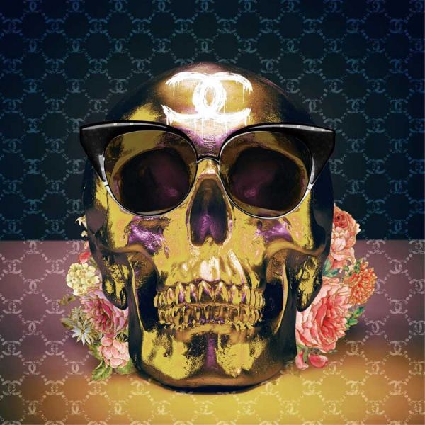 Skull Gold with Sunglasses – 80×80 cm Glass Pane