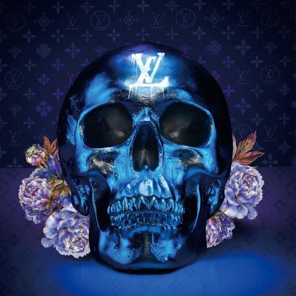 Skull Blue with Flowers – 80×80 cm Glass Pane