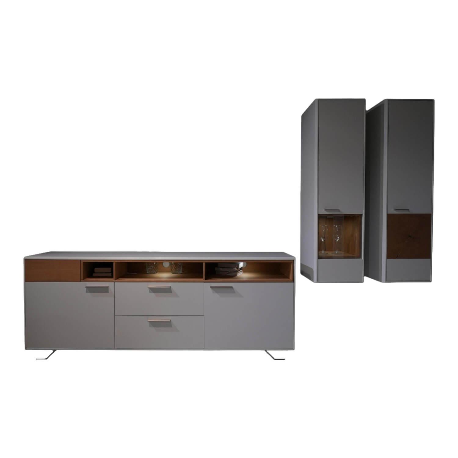 Wohnwand 2102 Mit Sideboard Und 2 Hängevitrinen Mattlack Weiß Matt Asteiche Hell…