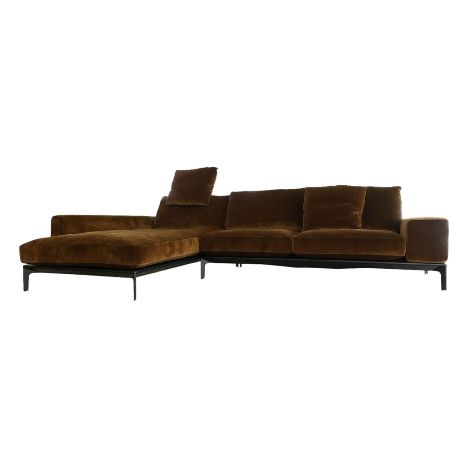 Ecksofa Spirit Stoff Velvet City Gold-Braun Gestell Schwarz Mit Longchair Und Rü…