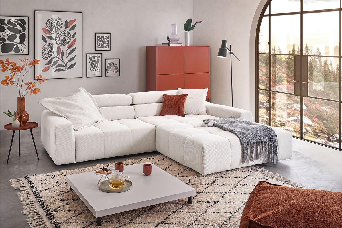 KAWOLA Sofa RENO Ecksofa Feincord weiß